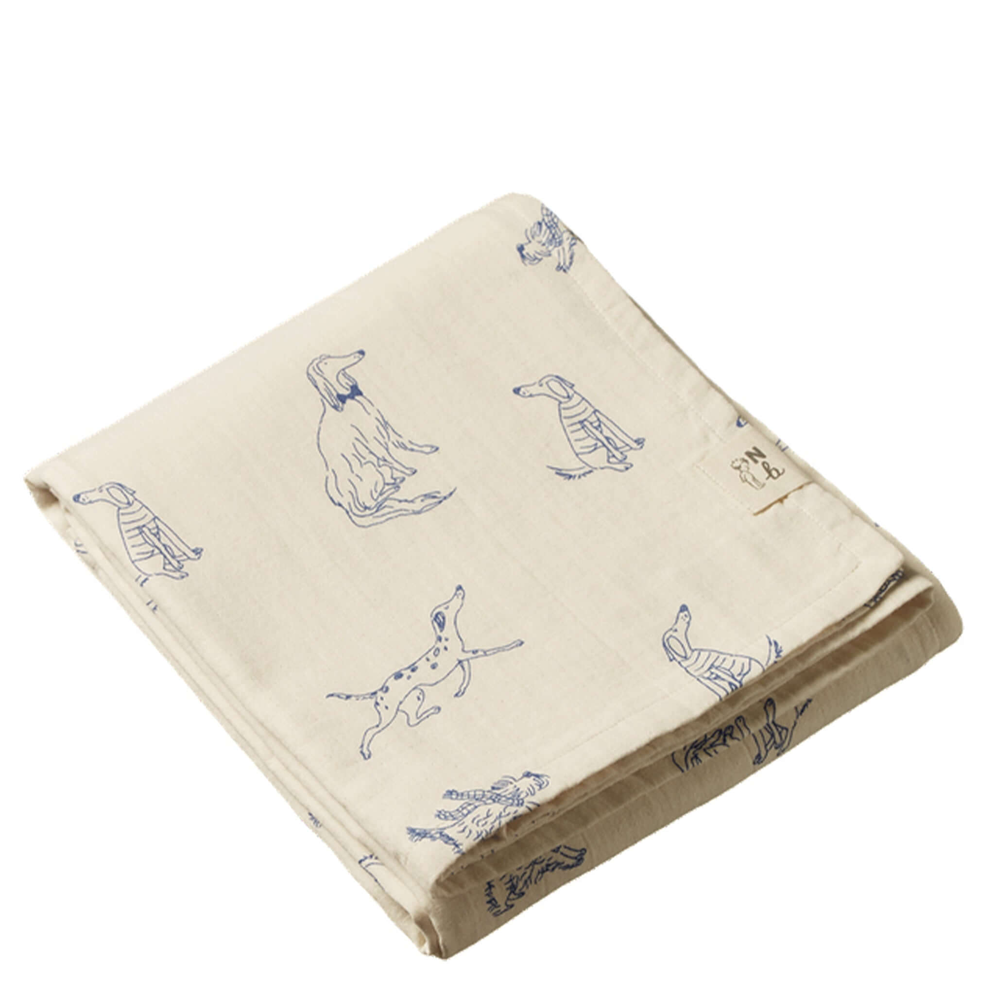 Alt Tag: Nature Baby Organic Cotton Muslin Wrap - Best Friend, GOTS organic cotton swaddle blanket with blue animal print, breathable and soft