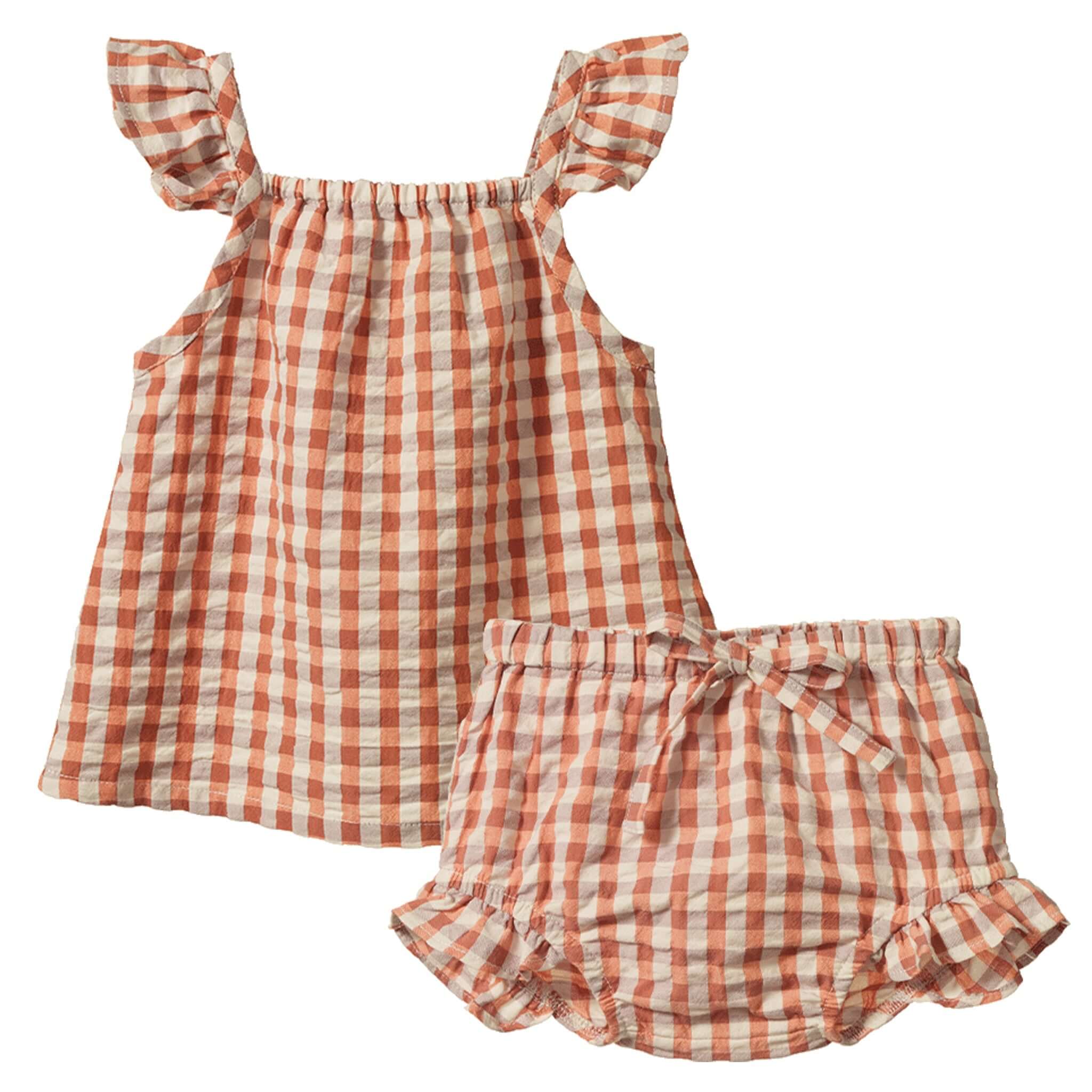 Nature Baby Organic Cotton Petal Set - Dandelion Gingham featuring a frill-detailed top and matching bloomers.