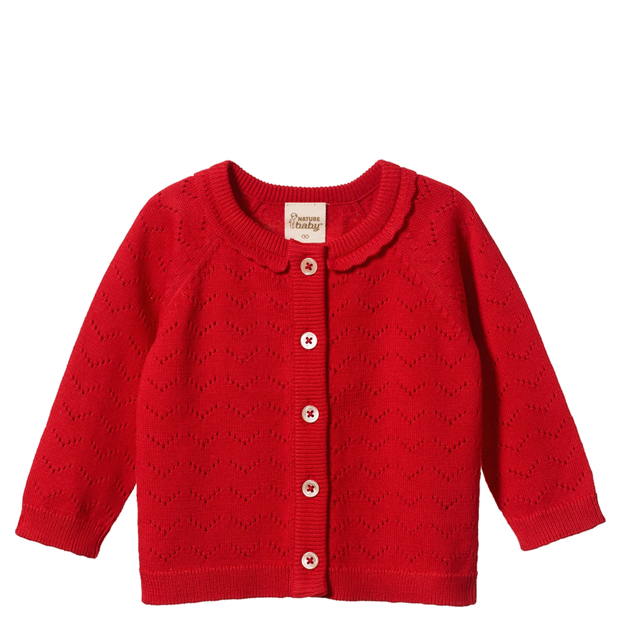 Nature Baby Organic Cotton Piper Cardigan - Raspberry Red Pointelle knitted cardigan with buttons in raspberry red.