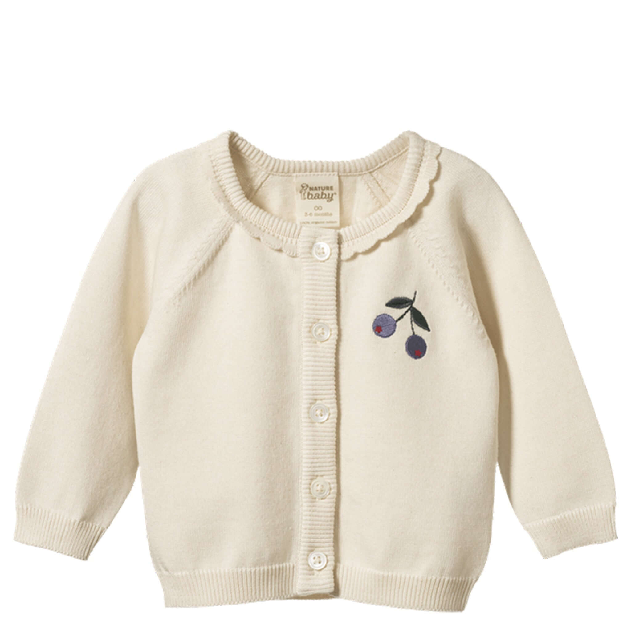 Alt Tag: Nature Baby Organic Cotton Piper Cardigan - Winter Berry cream organic cotton baby cardigan with cherry embroidery scalloped neckline