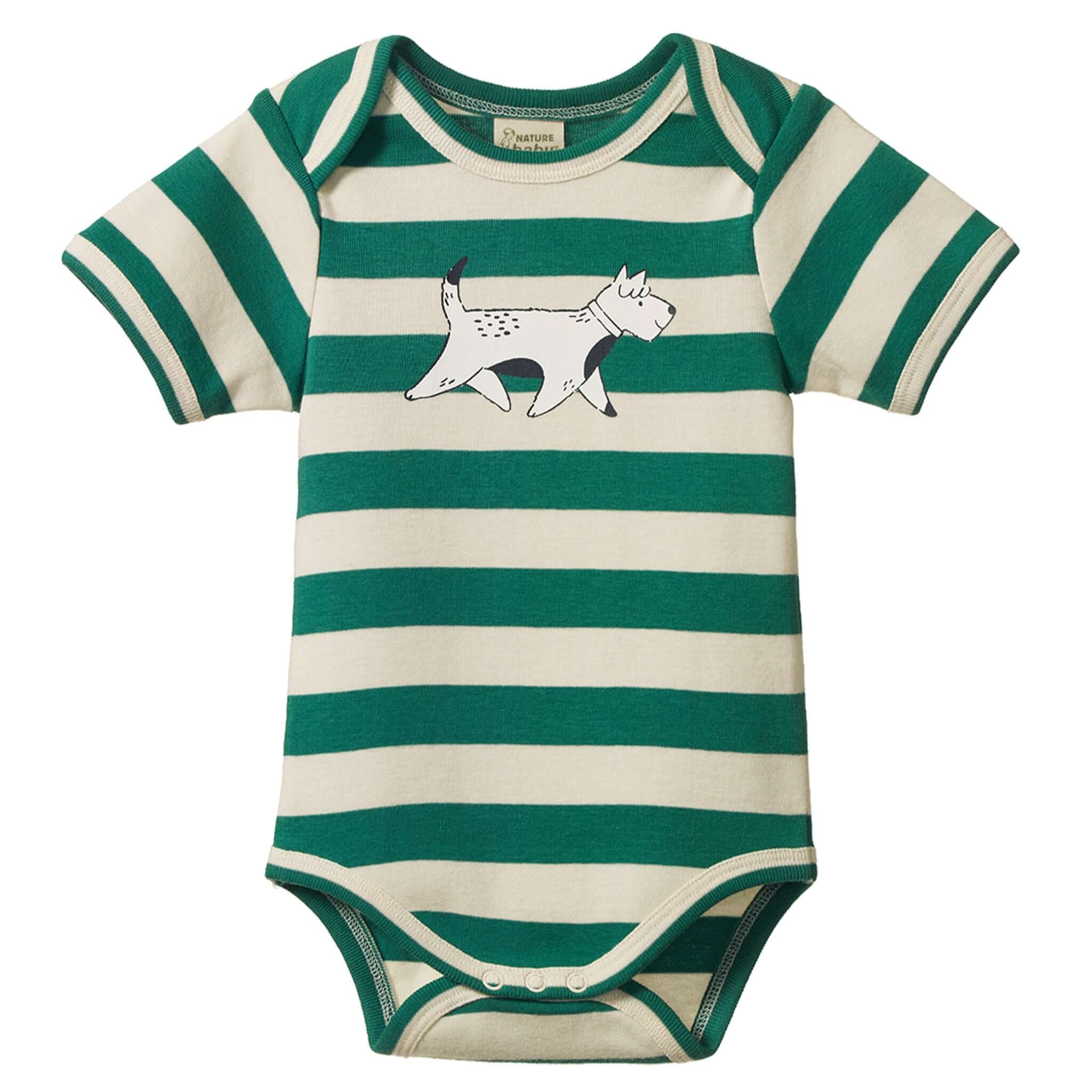 Nature Baby Organic Cotton Short Sleeve Bodysuit - Dog Walk Peppermint with green and white stripes and dog print.