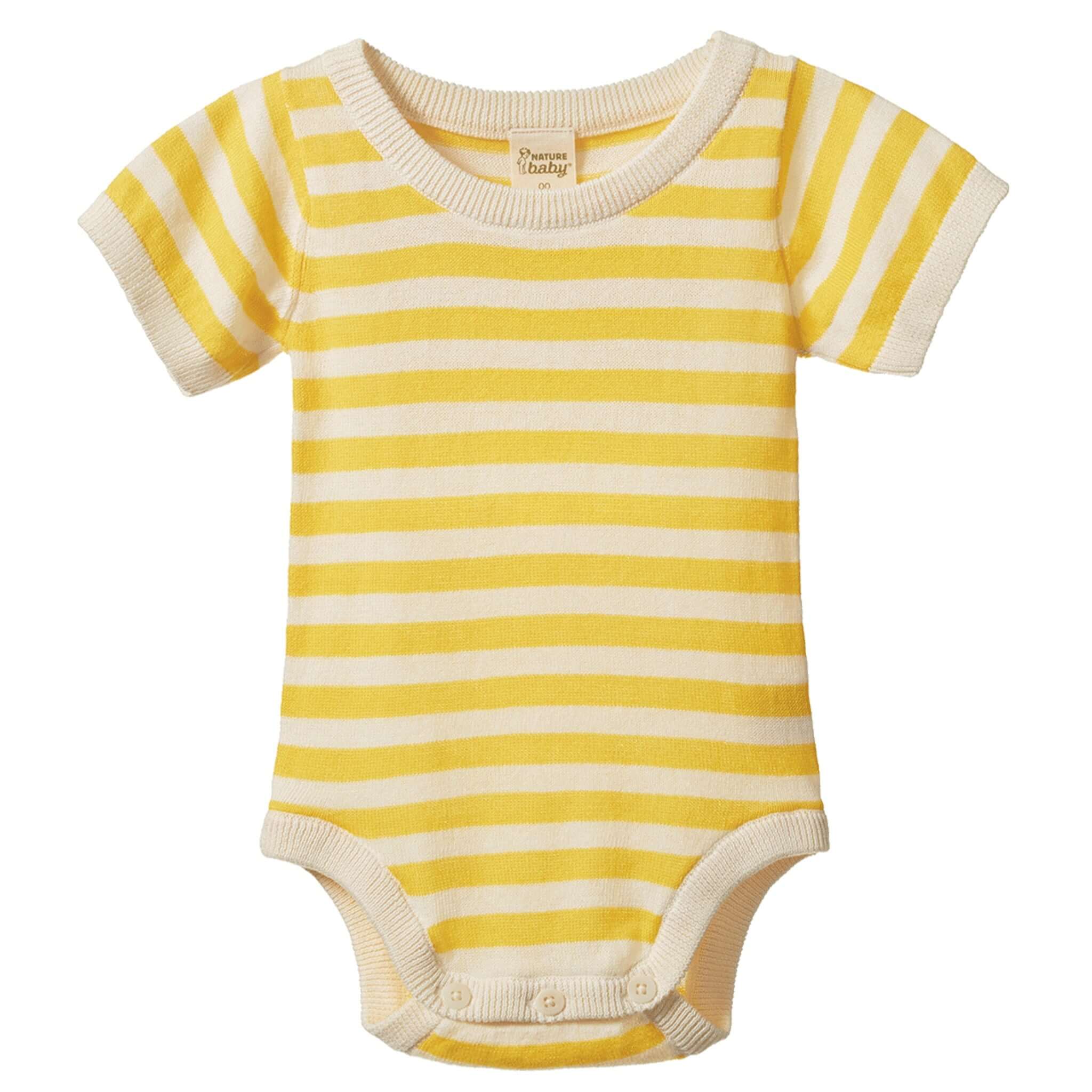 Nature Baby Organic Cotton Short Sleeve Ren Bodysuit - Sunny Sea Stripe in yellow and cream with short sleeves.