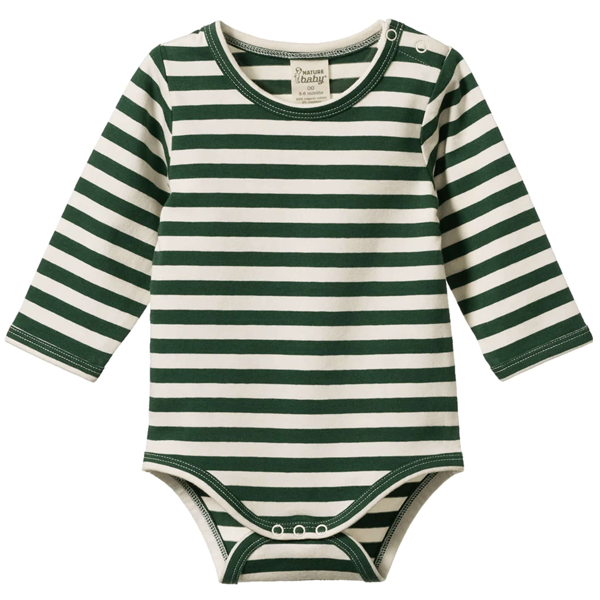 Nature Baby Organic Cotton Stretch Jersey Long Sleeve Bodysuit - Eden Sea Stripe green and white striped baby bodysuit with snap crotch