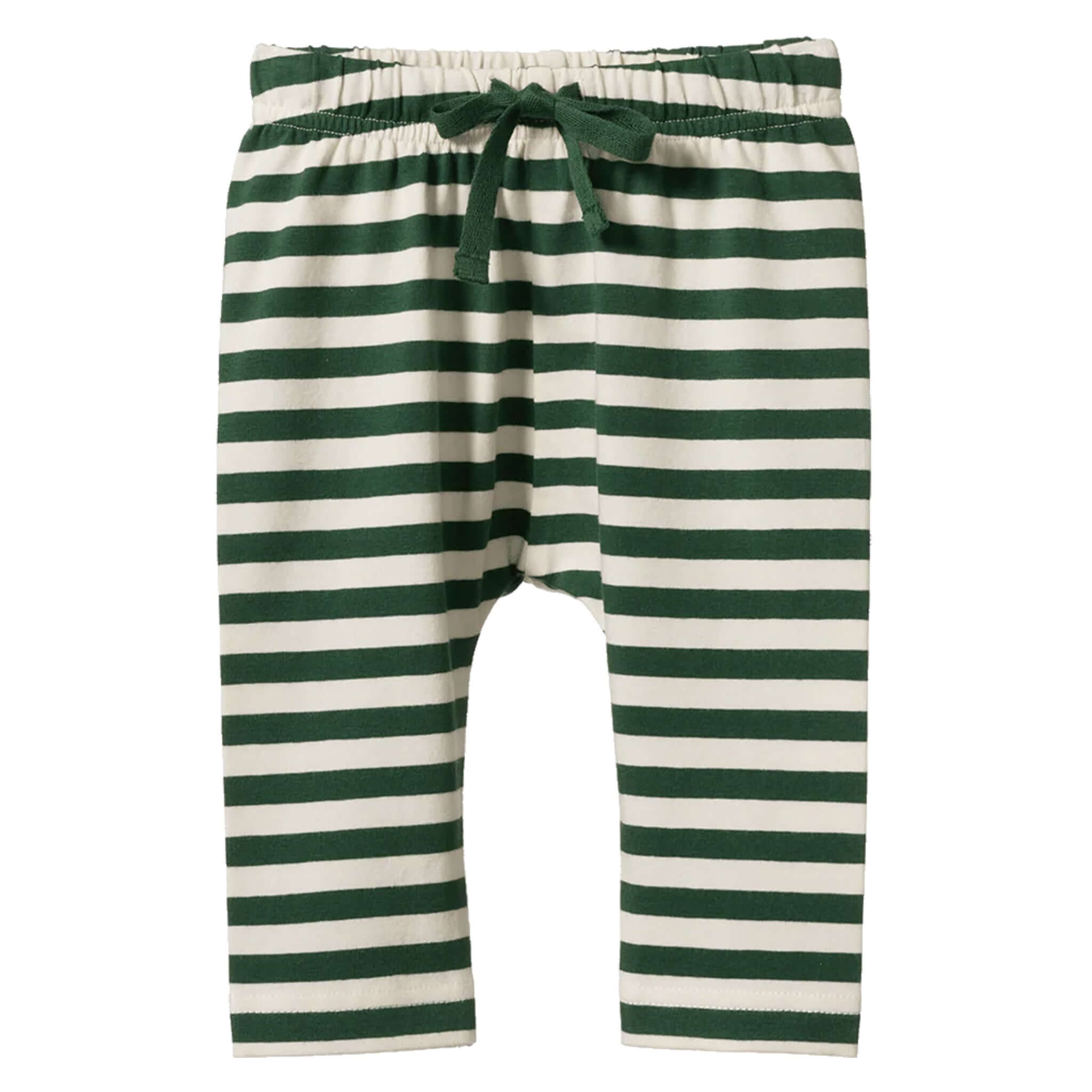 Alt Tag: Nature Baby Organic Cotton Sunday Drawstring Pants - Eden Sea Stripe green stripe baby pants with elastic waist drawstring