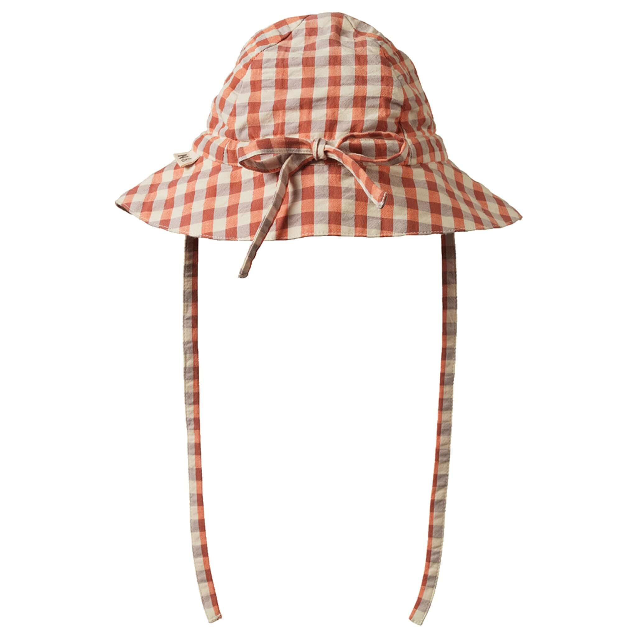 Nature Baby Organic Cotton Sunhat - Dandelion Gingham with adjustable ties and full brim for sun protection.