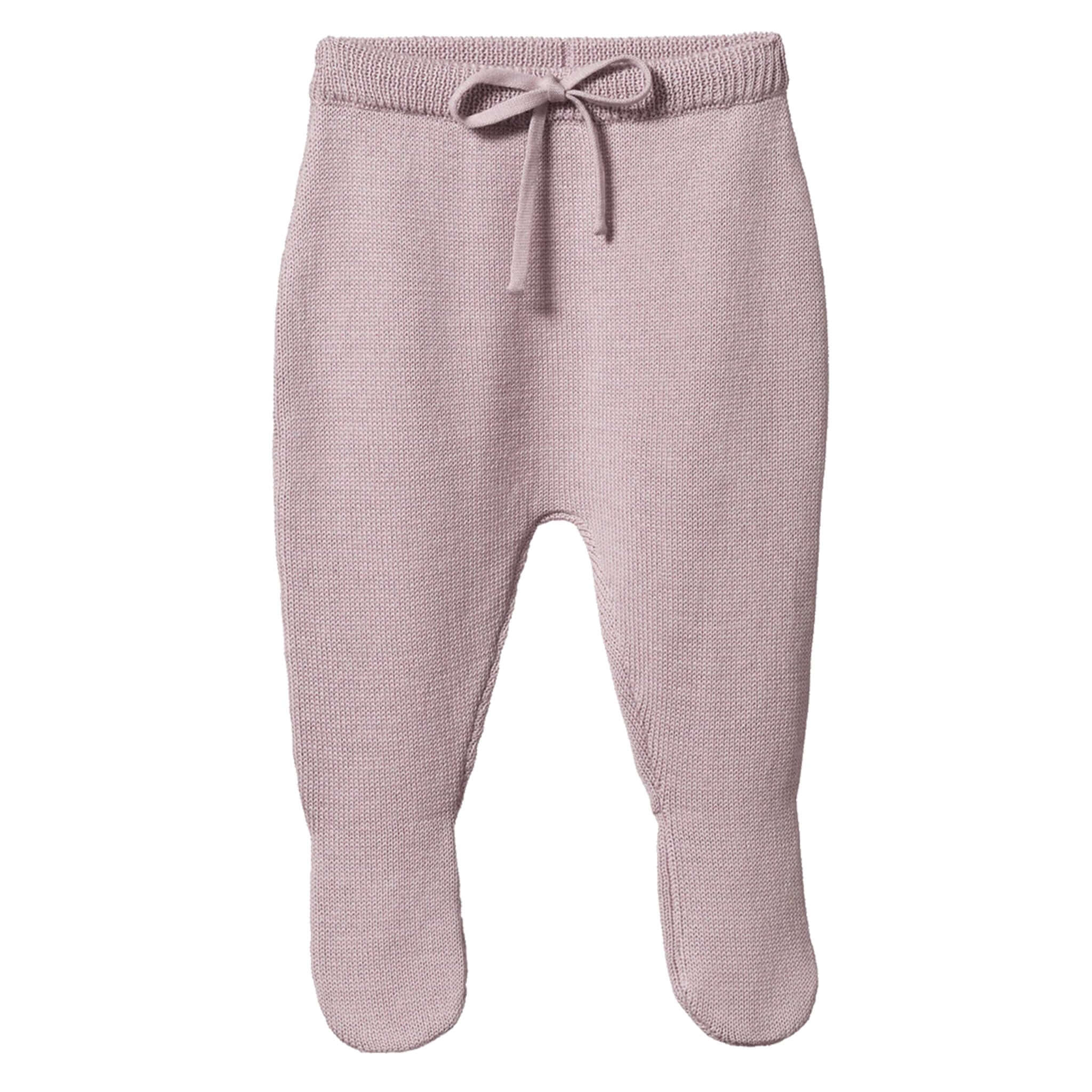 Alt Tag: Nature Baby Organic Merino Knit Footed Romper - Lilac organic merino wool baby footed pants with drawcord waistband