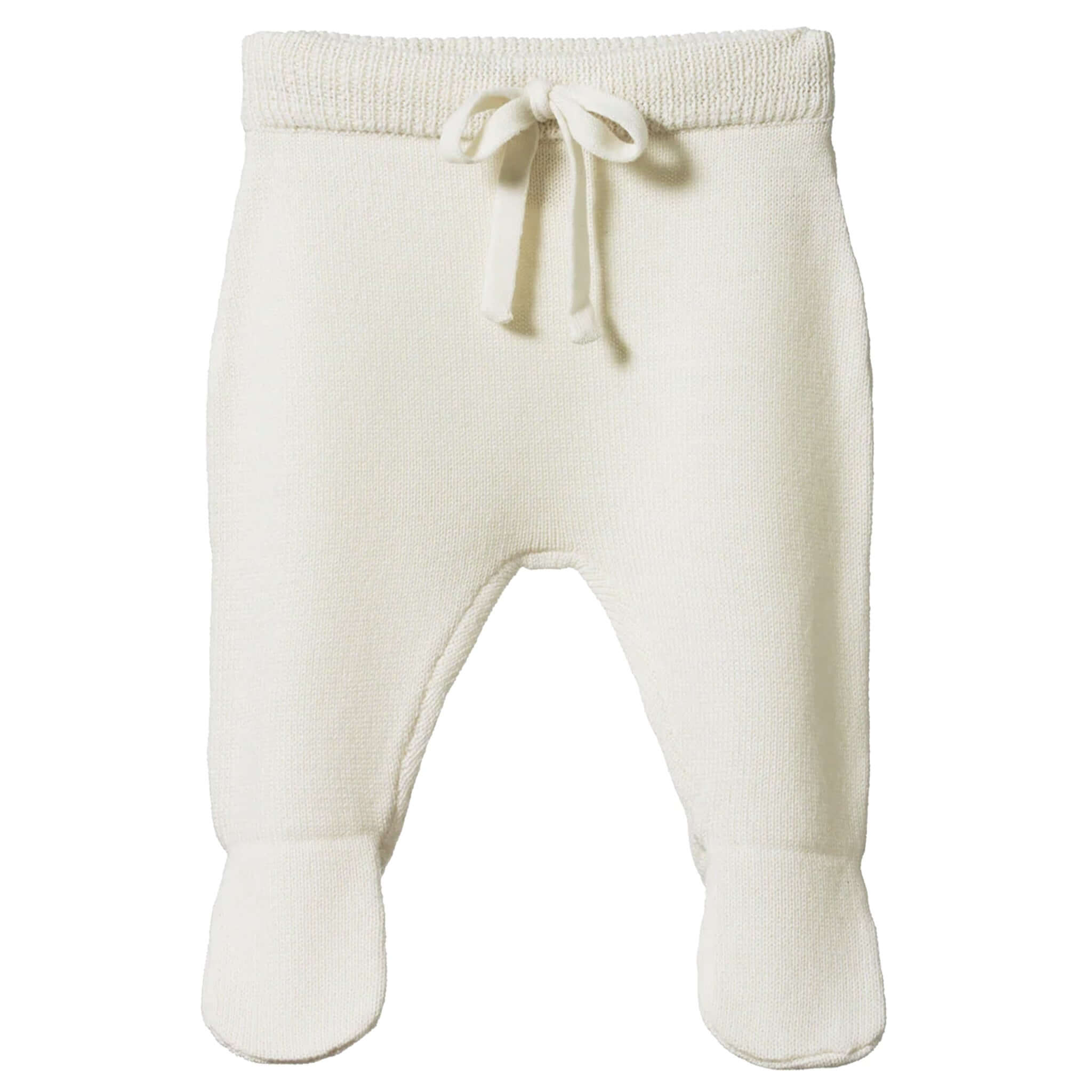 Alt Tag: Nature Baby Organic Merino Knit Footed Romper - Natural organic merino knit footed baby pants in natural with drawcord waistband