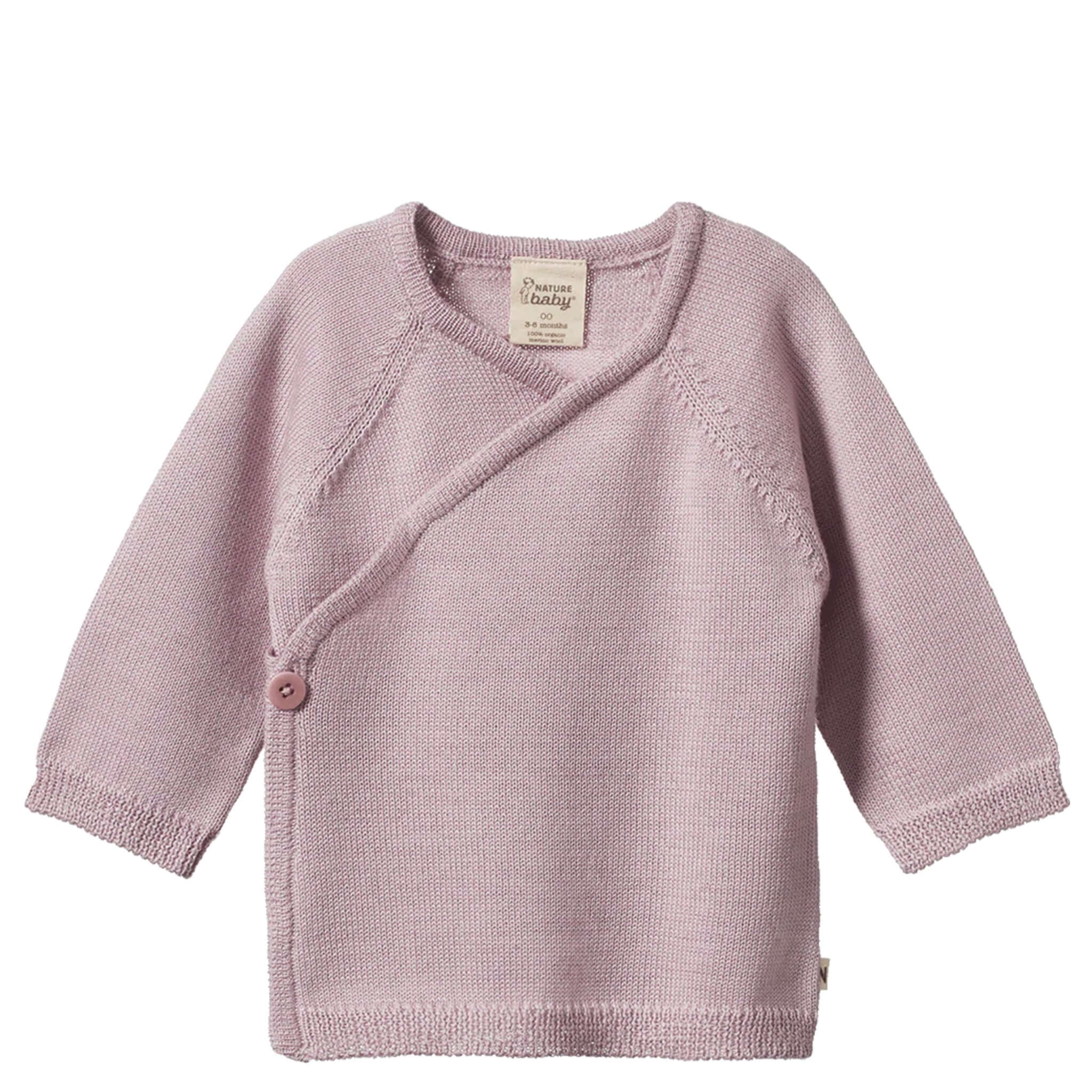 Alt Tag: Nature Baby Organic Merino Knit Kimono Jacket - Lilac organic merino wool wrap kimono newborn jacket breathable soft warmth