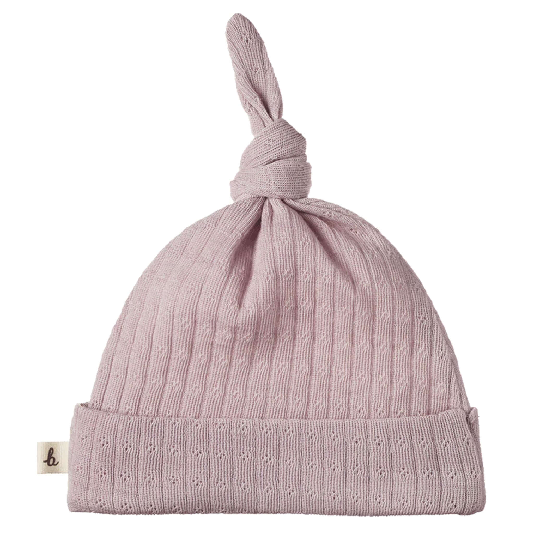 Alt Tag: Nature Baby Organic Merino Knotted Beanie - Pointelle Lilac baby beanie, organic pointelle merino wool, adjustable knot, folded hem
