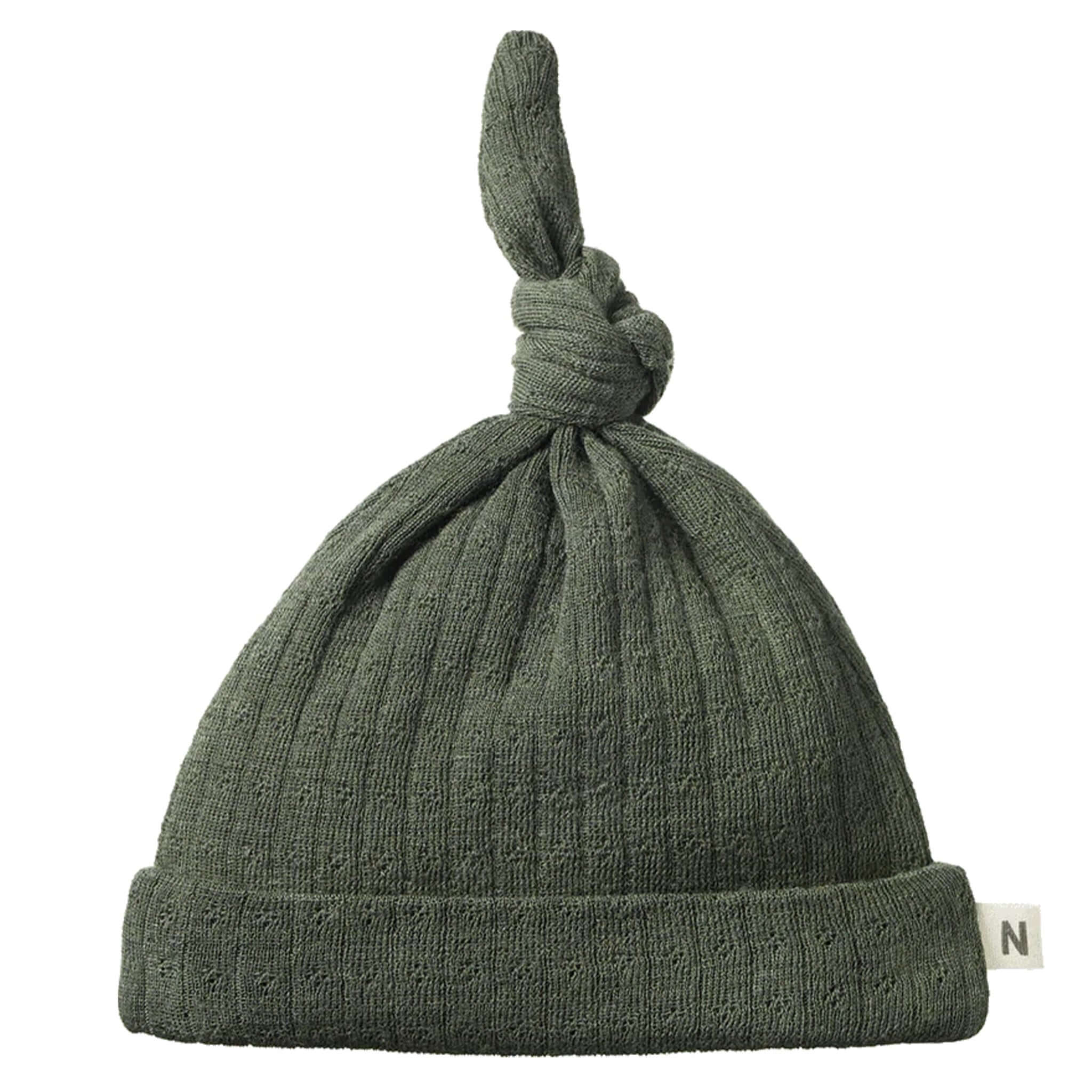 Alt Tag: Nature Baby Organic Merino Knotted Beanie - Pointelle Thyme adjustable knot pointelle organic merino wool baby beanie