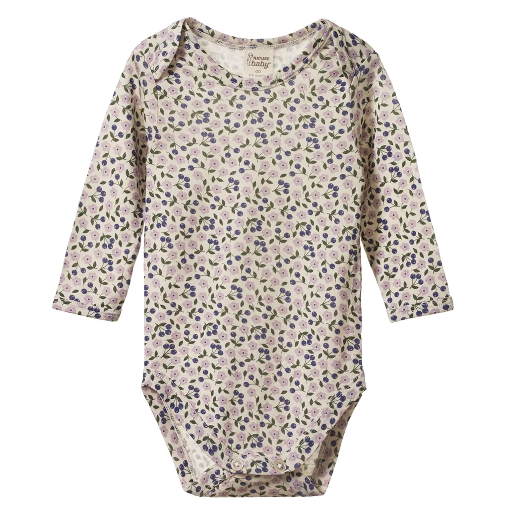 Alt Tag: Nature Baby Organic Merino Long Sleeve Bodysuit - Briarwood Lilac floral print long sleeve baby bodysuit in lilac