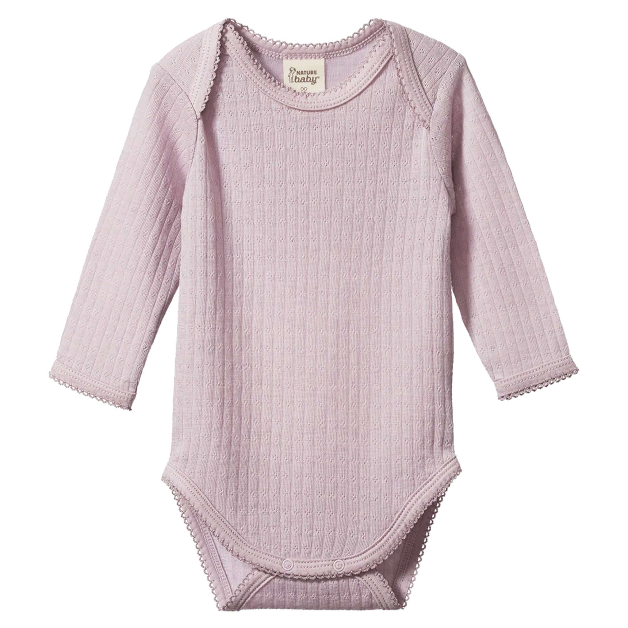 Alt Tag: Nature Baby Organic Merino Long Sleeve Bodysuit - Pointelle Lilac organic merino wool baby bodysuit, long sleeve pointelle romper