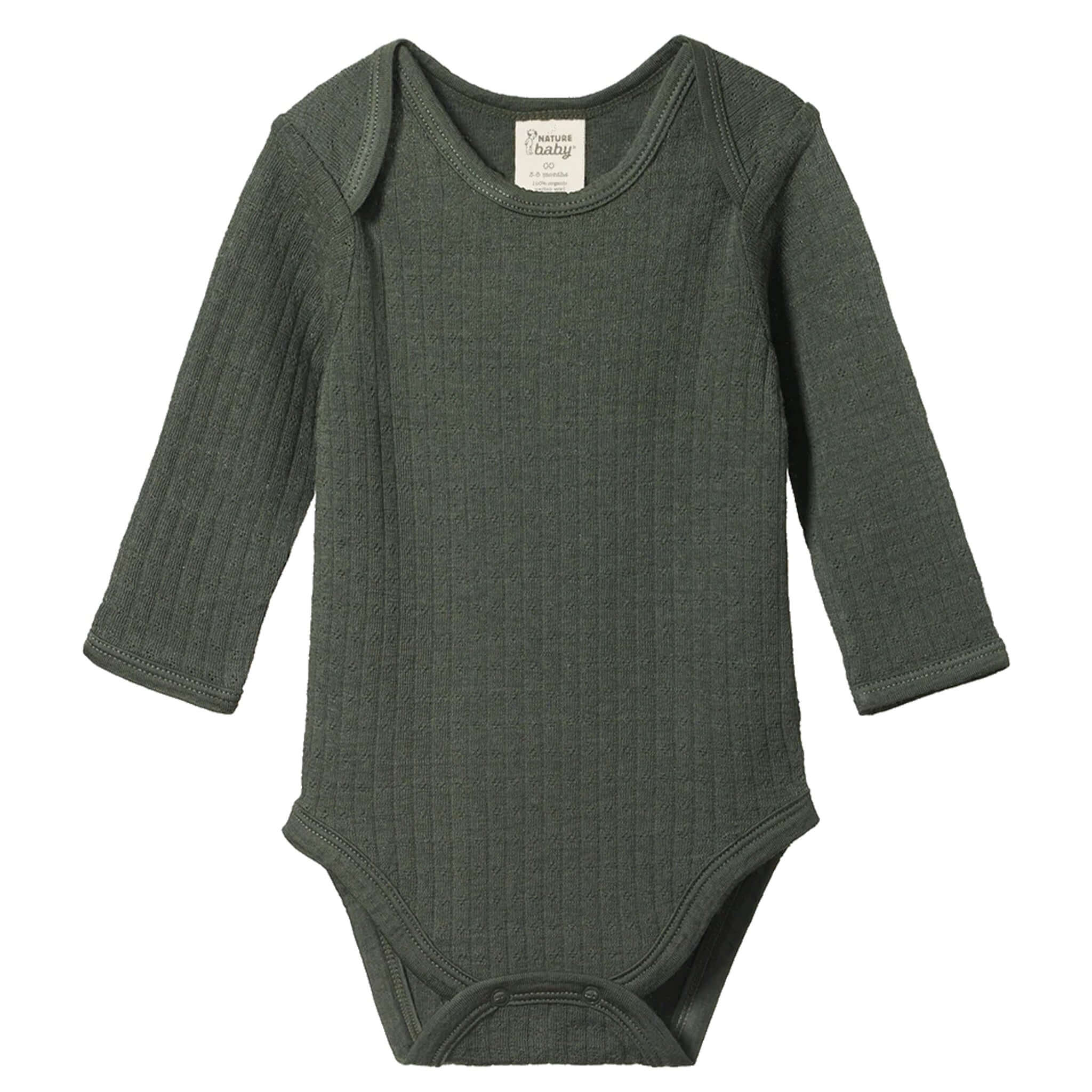 Alt Tag: Nature Baby Organic Merino Long Sleeve Bodysuit - Pointelle Thyme green ribbed long sleeve baby bodysuit organic merino wool