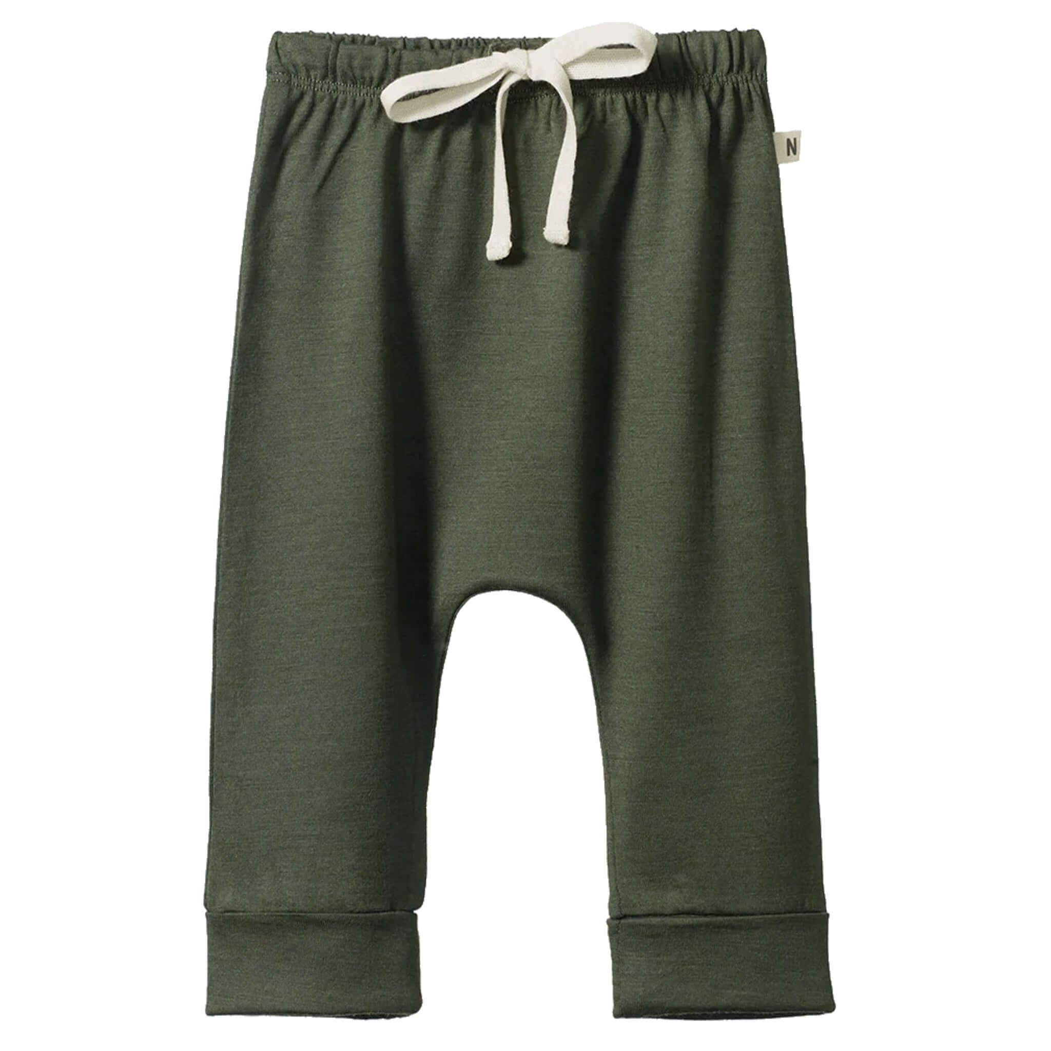 Alt Tag: Nature Baby Organic Merino Wool Drawstring Pants - Thyme baby merino wool pants with elastic waist, drawstring and cuffed tapered legs