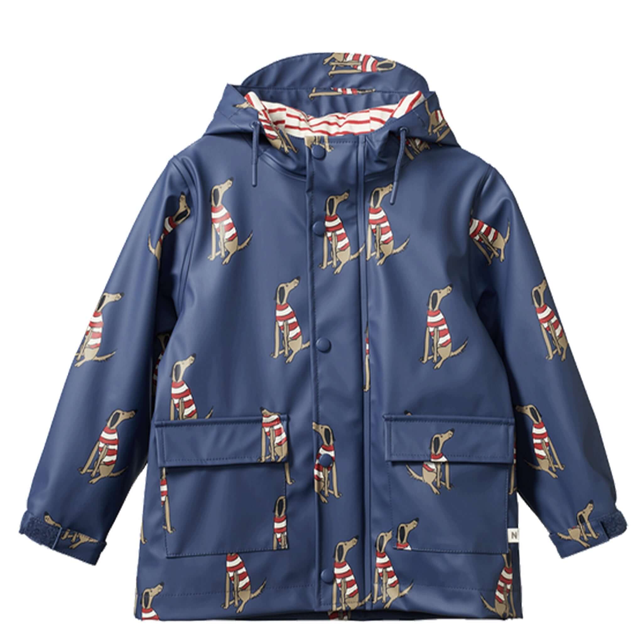 Alt Tag: Nature Baby Raincoat - Best Friend Indigo kids waterproof hooded raincoat with dog print, recycled outer and organic cotton lining