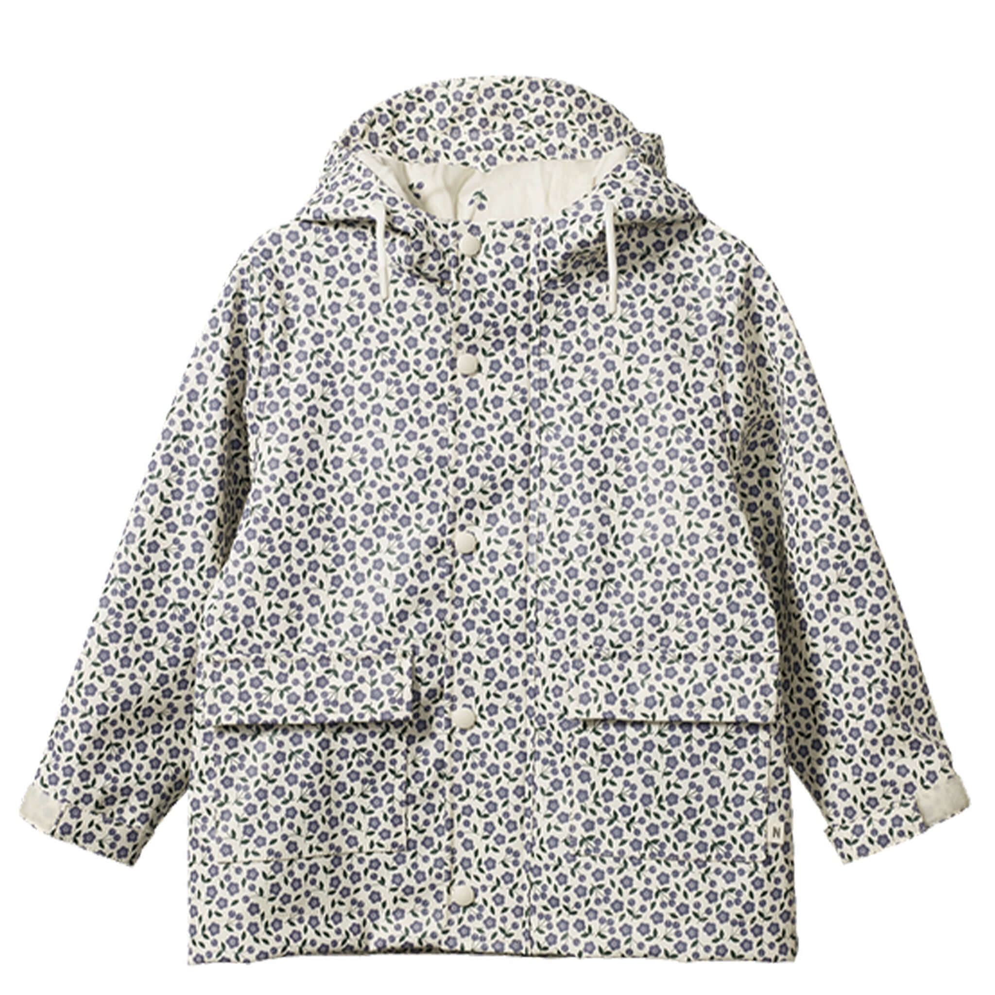 Alt Tag: Nature Baby Raincoat - Briarwood Heron kids hooded raincoat in briarwood heron print, water and wind-resistant, lightweight