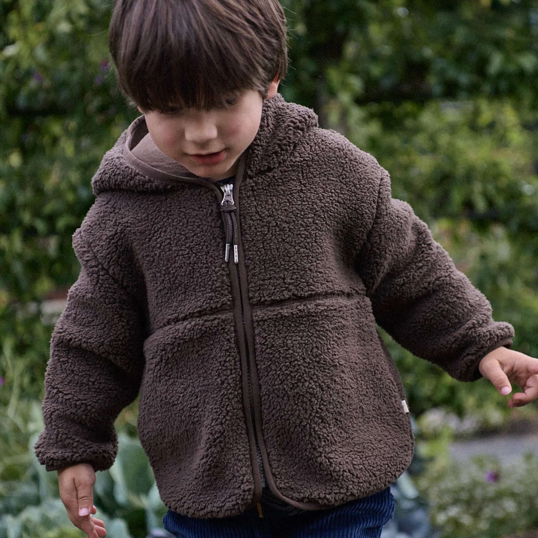 Alt Tag: Nature Baby Field Jacket - Pinecone kids recycled polyester hooded jacket with YKK zip and pockets, outdoors