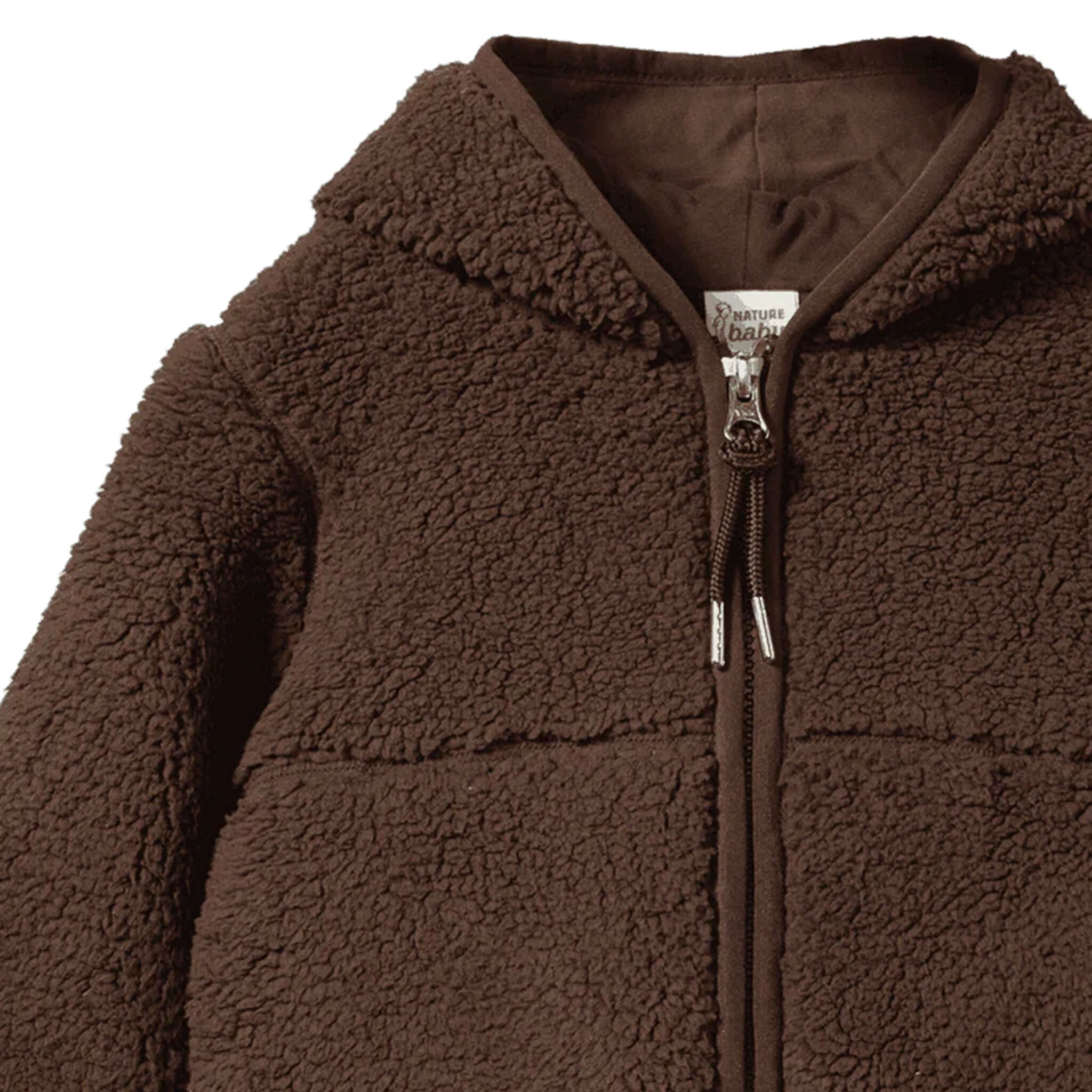 Alt Tag: Nature Baby Field Jacket - Pinecone brown sherpa fleece hooded kids jacket with zip front, cosy outdoor layer