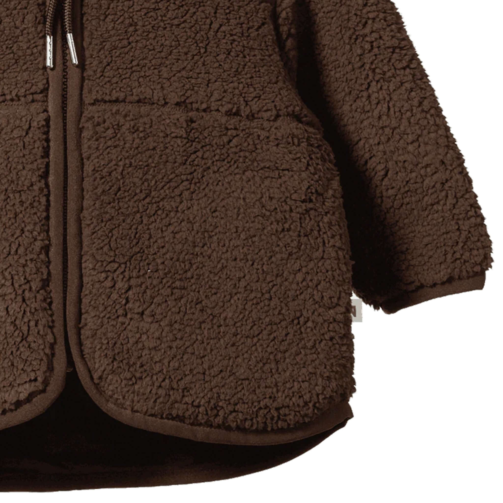 Alt Tag: Nature Baby Field Jacket - Pinecone close-up showing recycled polyester sherpa texture, YKK zip, pocket detail, cosy kids outerwear