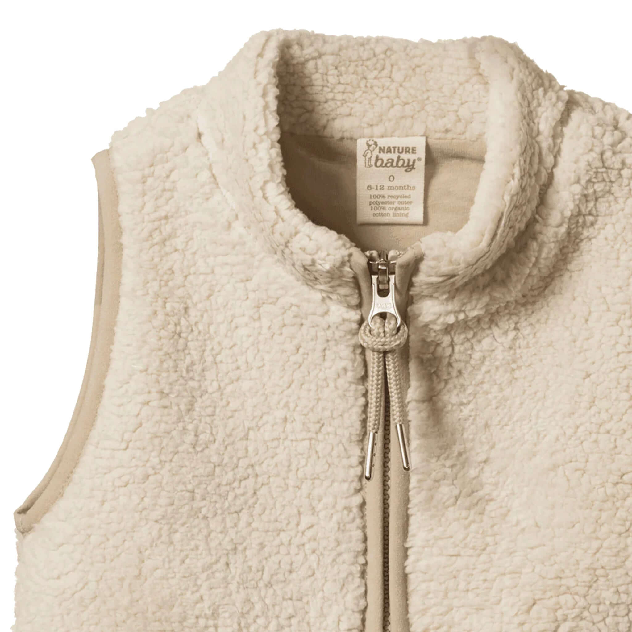 Alt Tag: Nature Baby Flint Vest - Oatmeal cream recycled polyester baby vest with high neck, YKK zip front and patch pockets