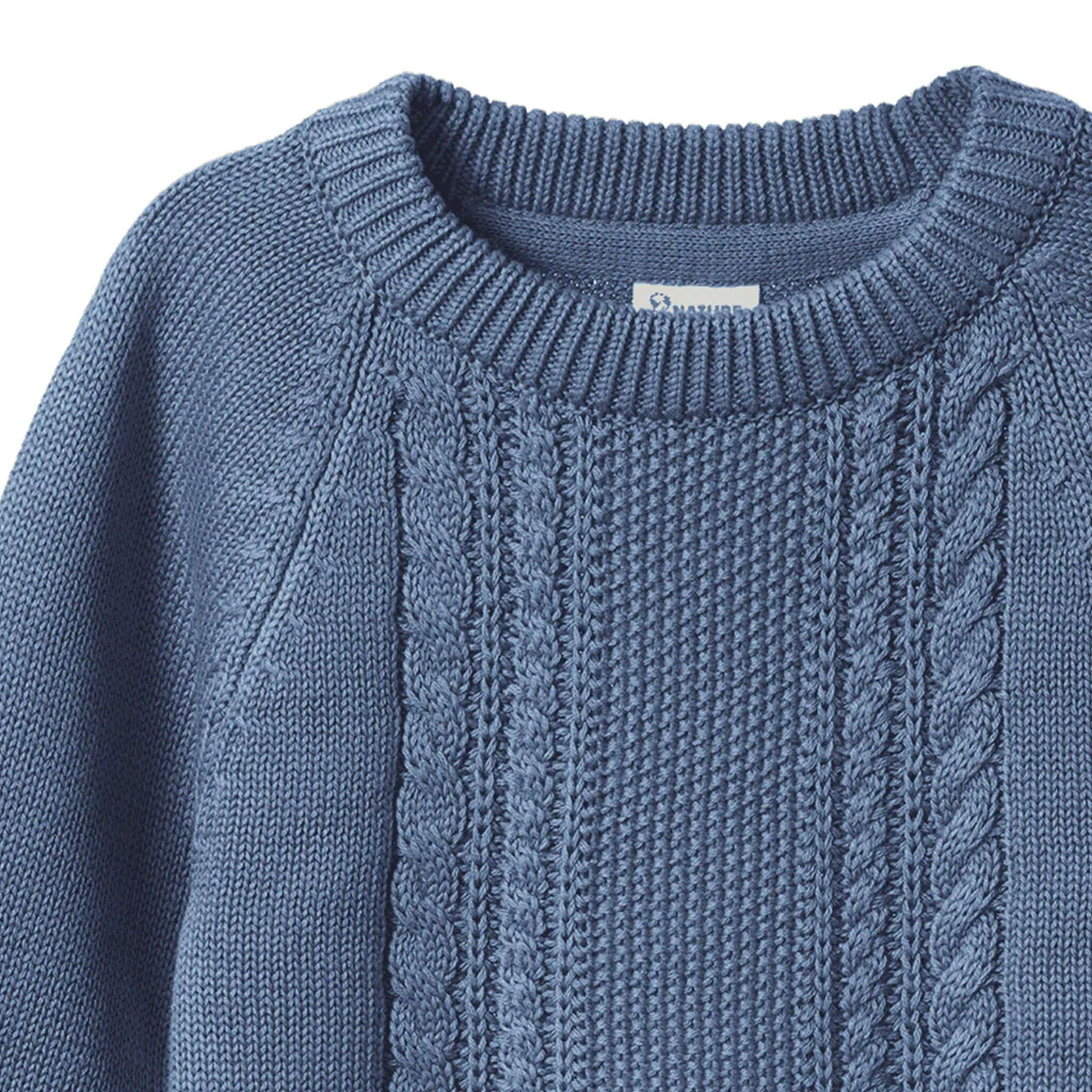 Alt Tag: Nature Baby Organic Cotton Basket Knit Billy Jumper - Vintage Dusky Blue Cable organic cotton knit sweater with cable front panel