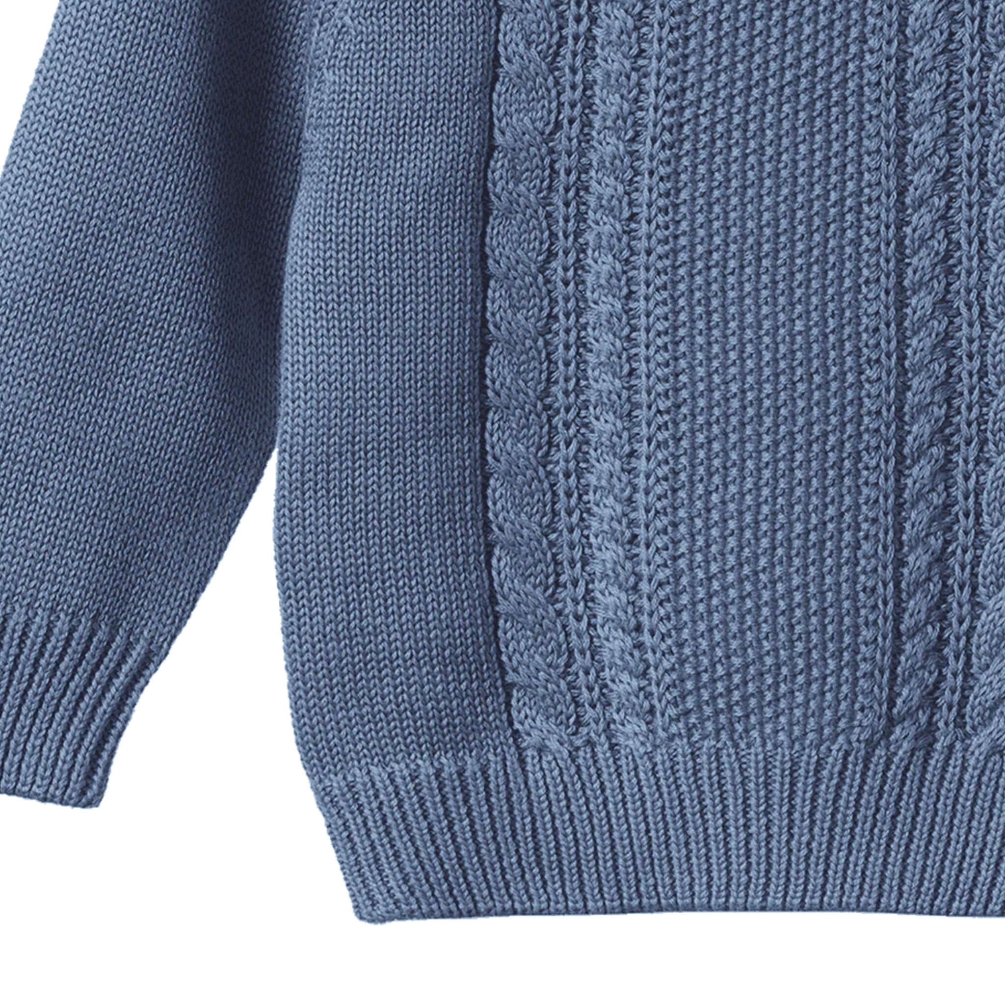 Nature Baby Organic Cotton Basket Knit Billy Jumper - Vintage Dusky Blue Cable close-up of textured knit panel and ribbed hem