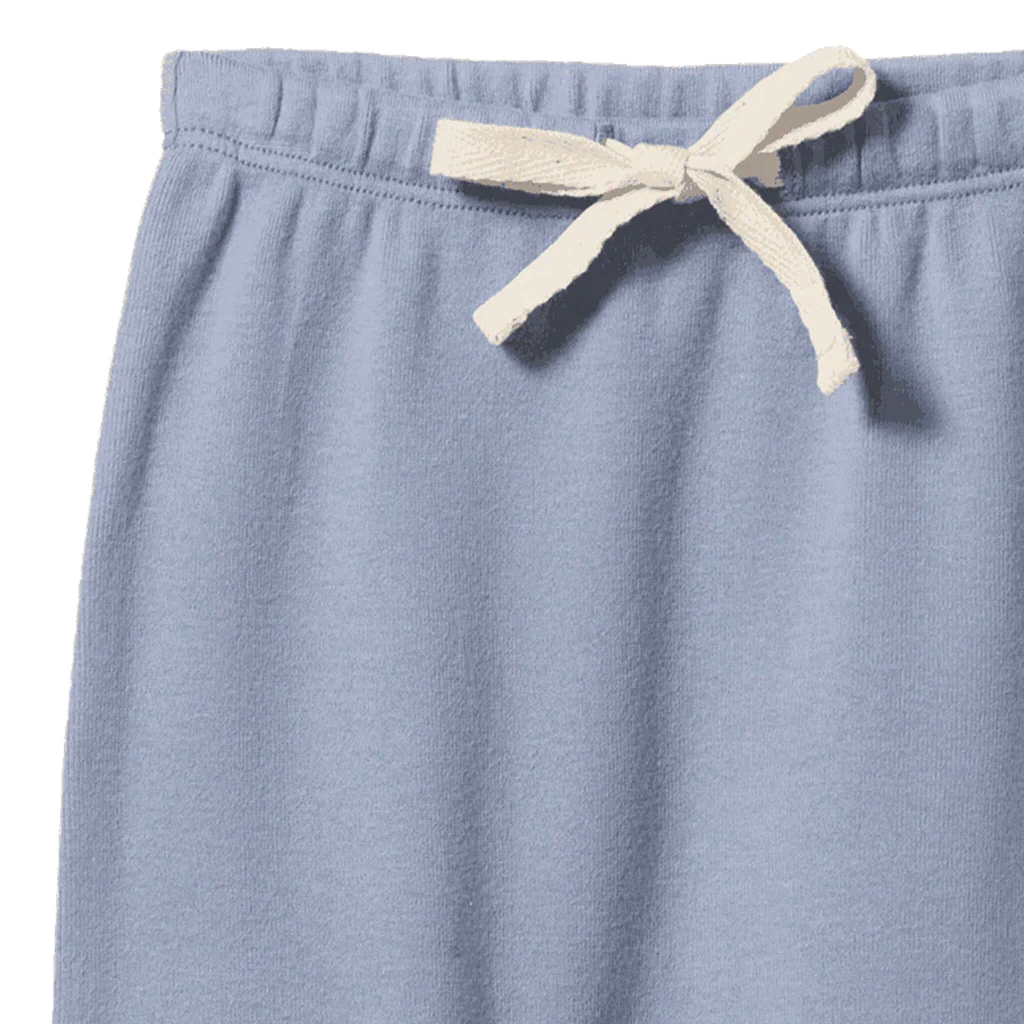 Alt Tag: Nature Baby Organic Cotton Drawstring Pants - Dusky Blue with elastic waistband and adjustable drawstring, close-up