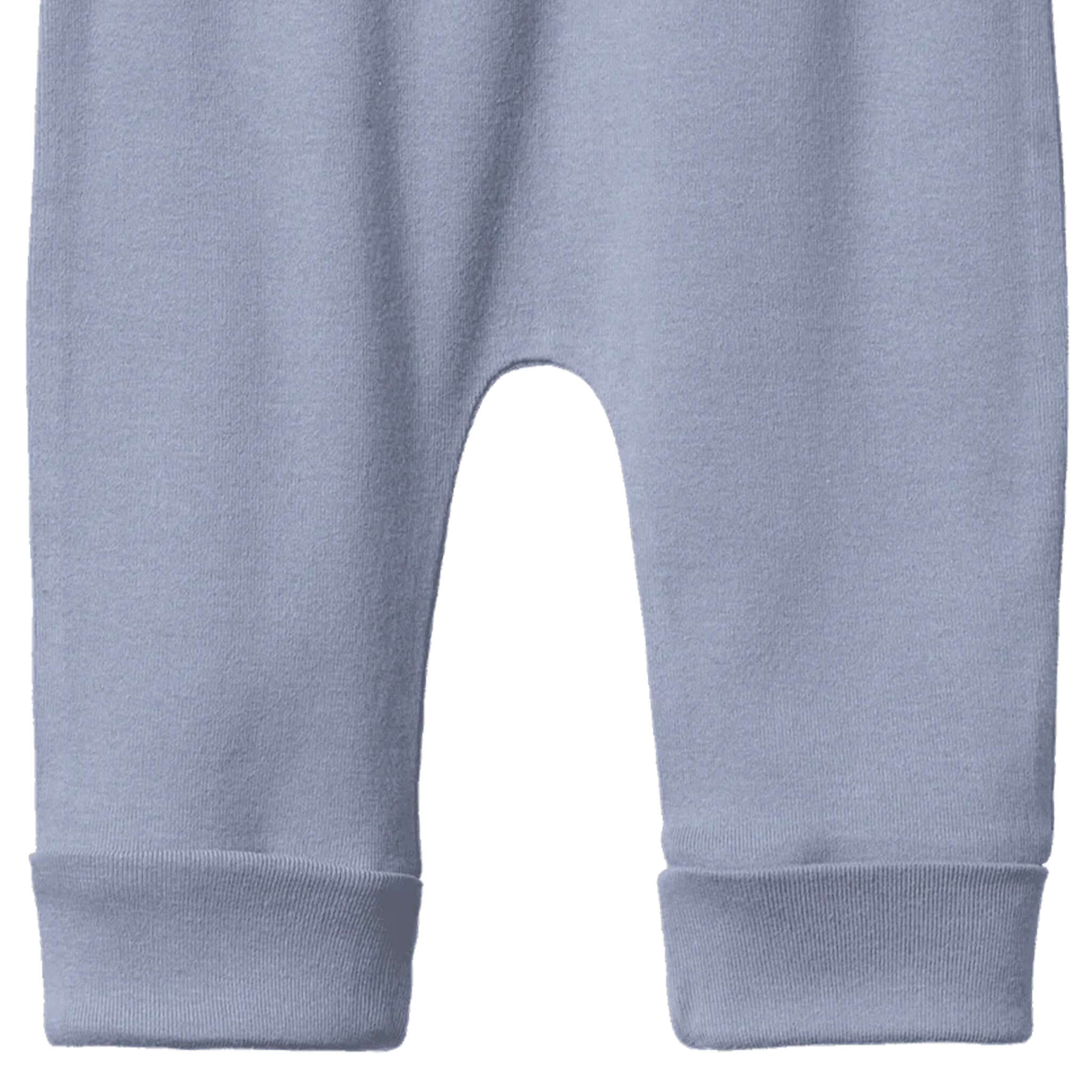 Alt Tag: Nature Baby Organic Cotton Drawstring Pants - Dusky Blue baby pants with cuffed tapered legs, soft organic cotton sleepwear