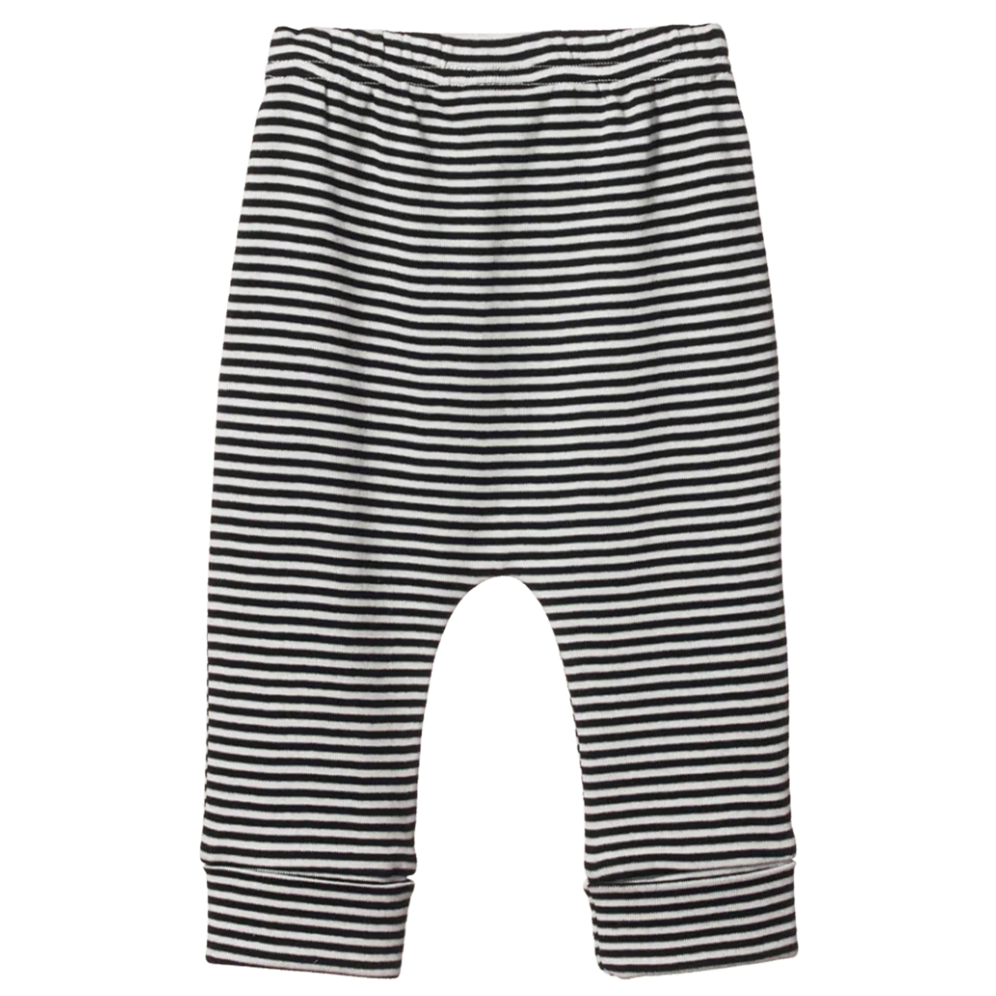 Black and white striped baby leggings on a white background