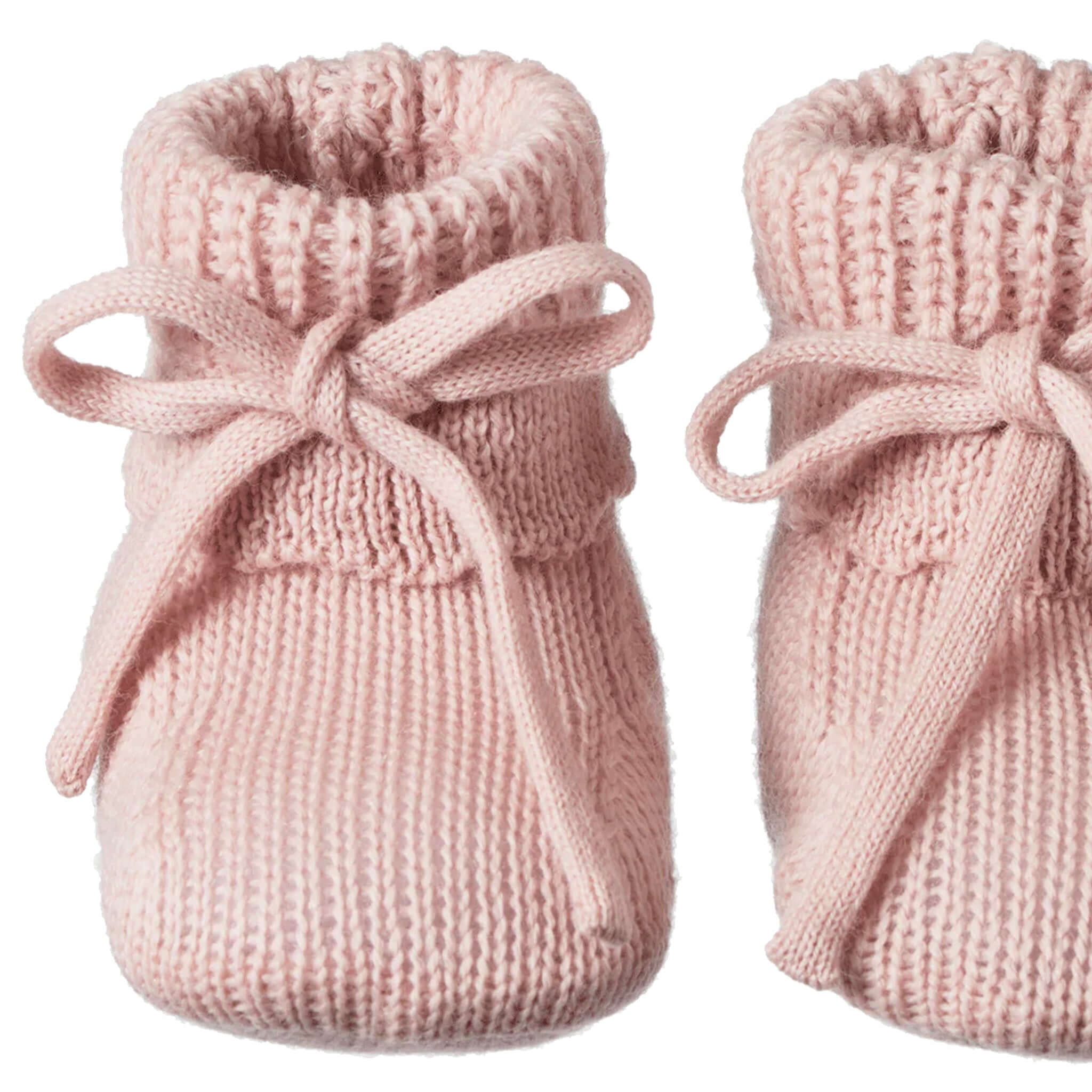 Alt Tag: Nature Baby Organic Cotton Drawstring Teddy Booties - Rose Dust pink knitted baby booties with drawstring ties