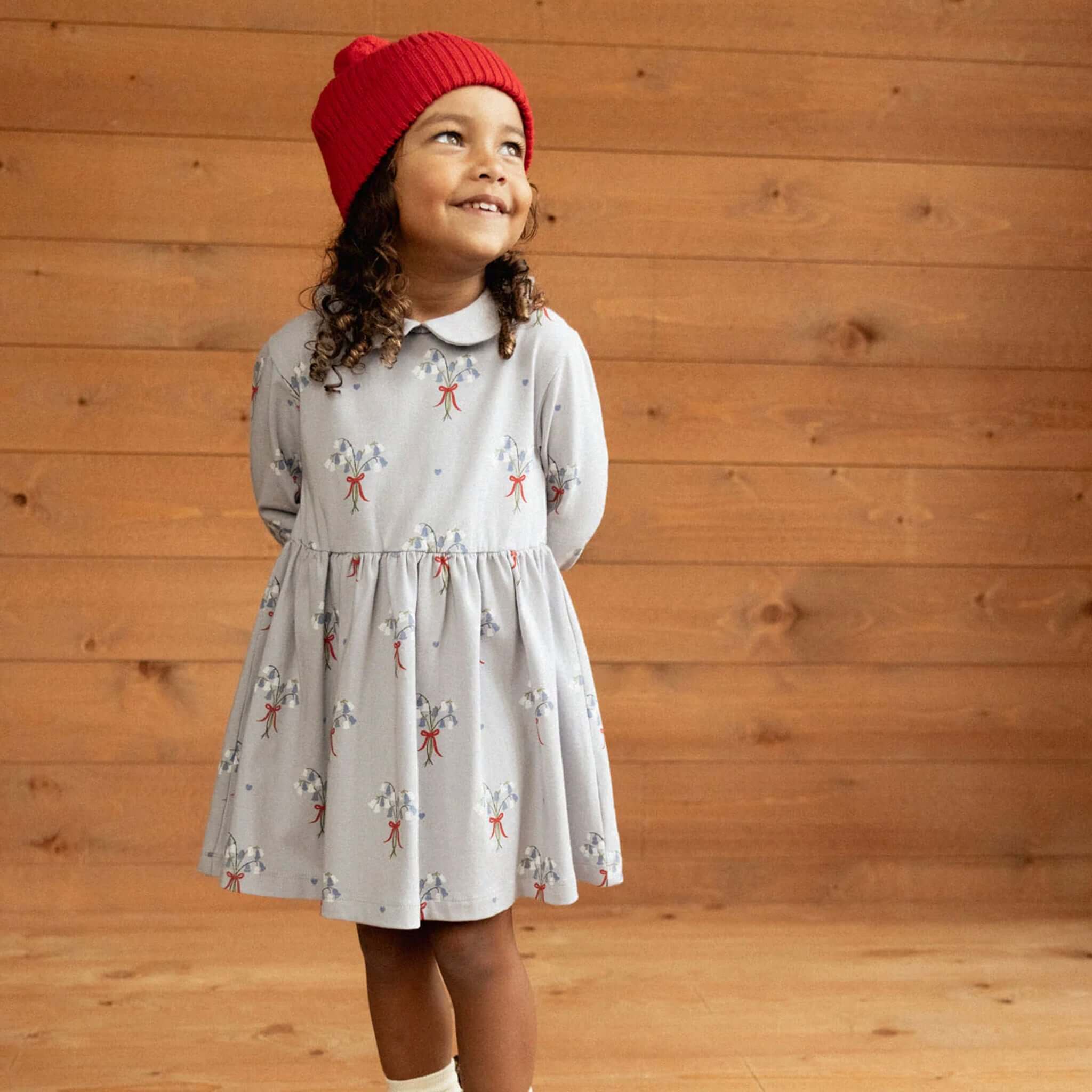 Alt Tag: Nature Baby Organic Cotton Forest Beanie - Red on toddler, chunky ribbed knit organic cotton fisherman beanie for warm cosy dressing