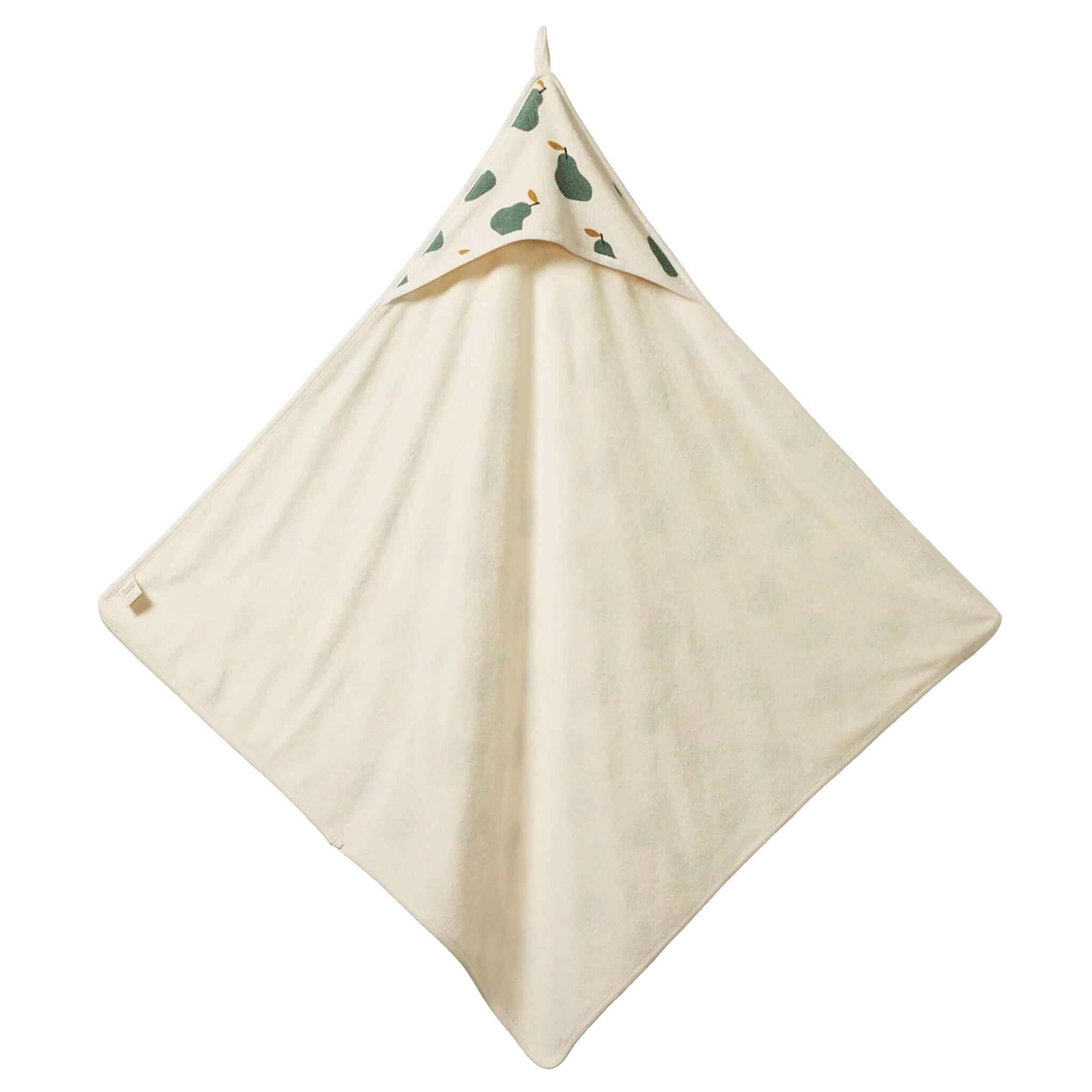 Nature Baby Organic Cotton Hooded Towel - Pear with green pear print design for baby bathtime.