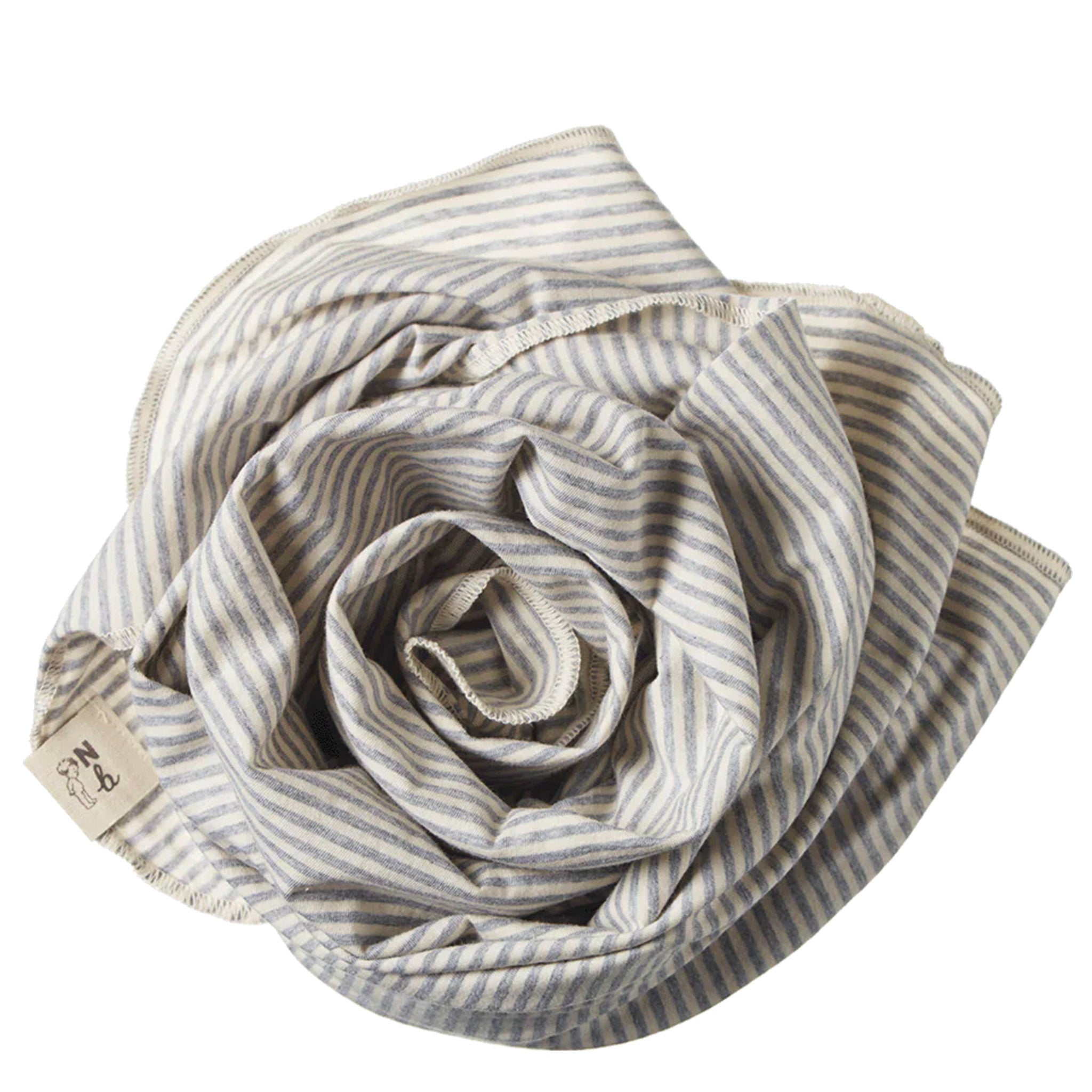 Rolled-up striped swaddle with a visible brand label on a white background
