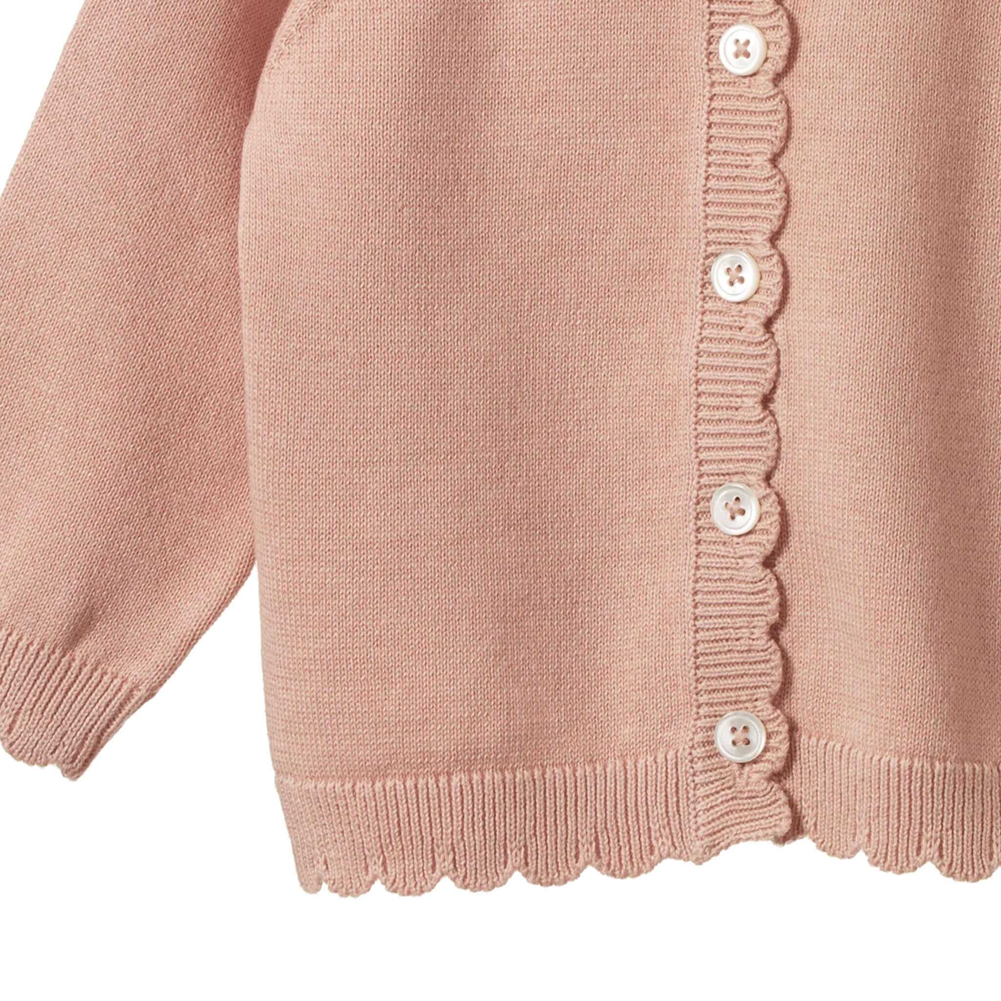 Nature Baby Organic Cotton Liliette Cardigan - Rose Dust with scalloped trim and button closures.
