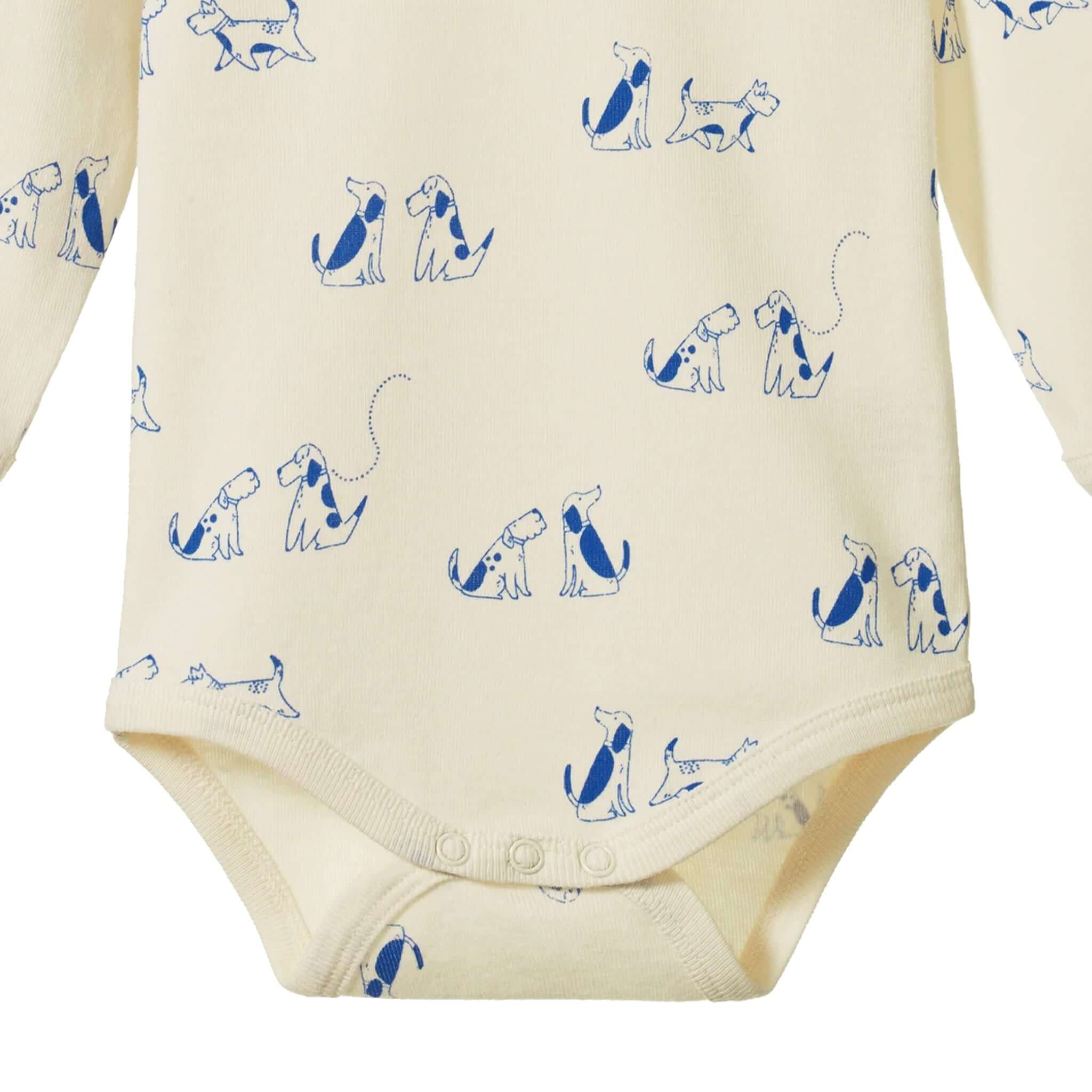 Nature Baby Organic Cotton Long Sleeve Bodysuit - Dog Walk with dog prints in blue on a soft cream background.