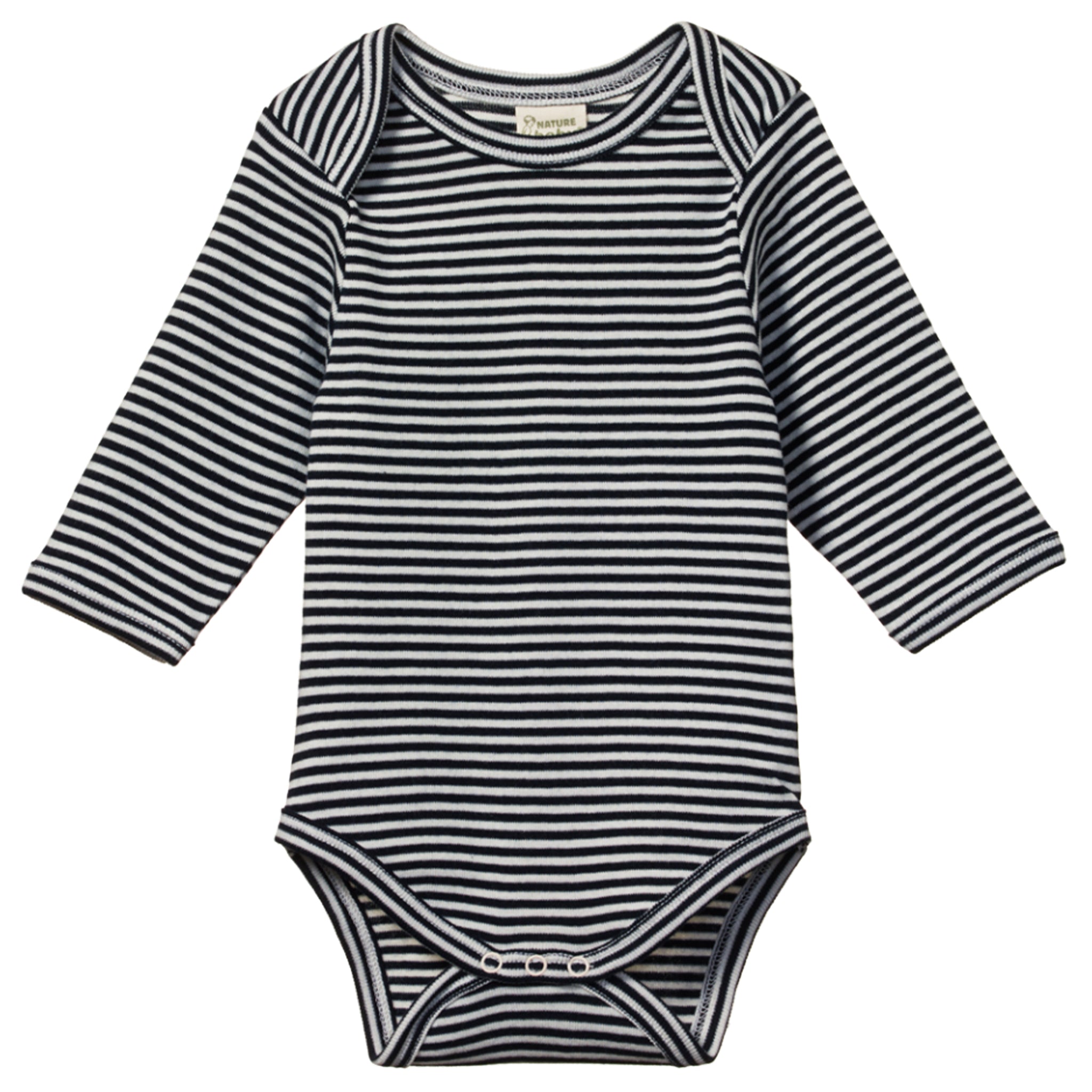 Navy and white striped baby bodysuit on a white background