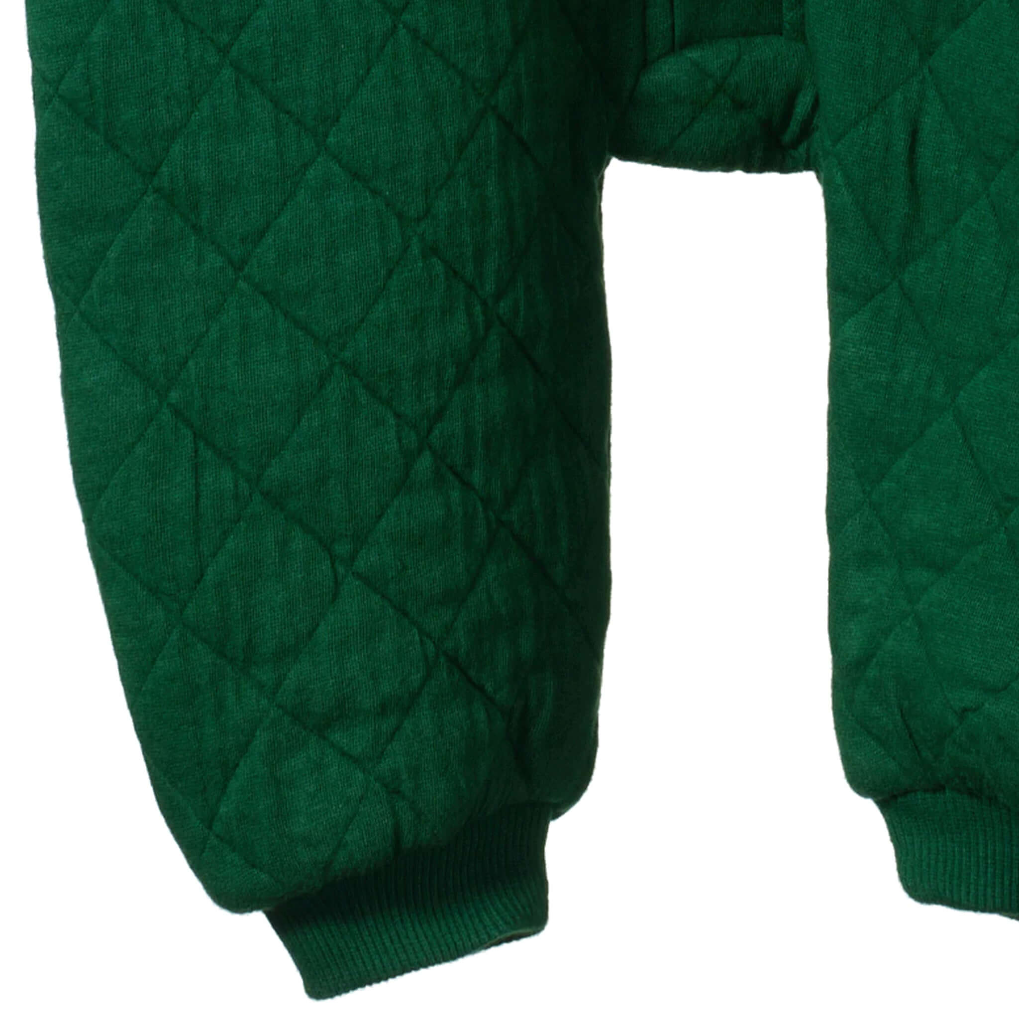 Alt Tag: Nature Baby Organic Cotton Long Sleeve Juno Quilted Romper - Eden quilted green baby romper sleeves close-up