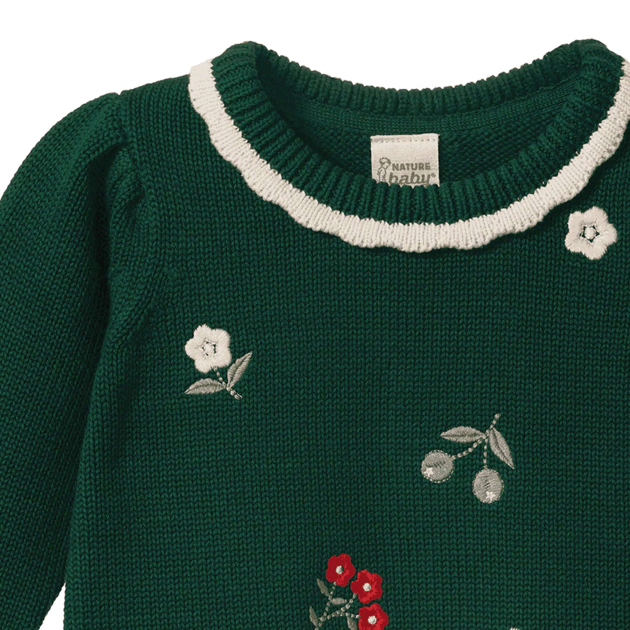 Alt Tag: Nature Baby Organic Cotton Margot Sweater - Eden Garden green knit baby sweater with floral embroidery and scalloped contrast neckline