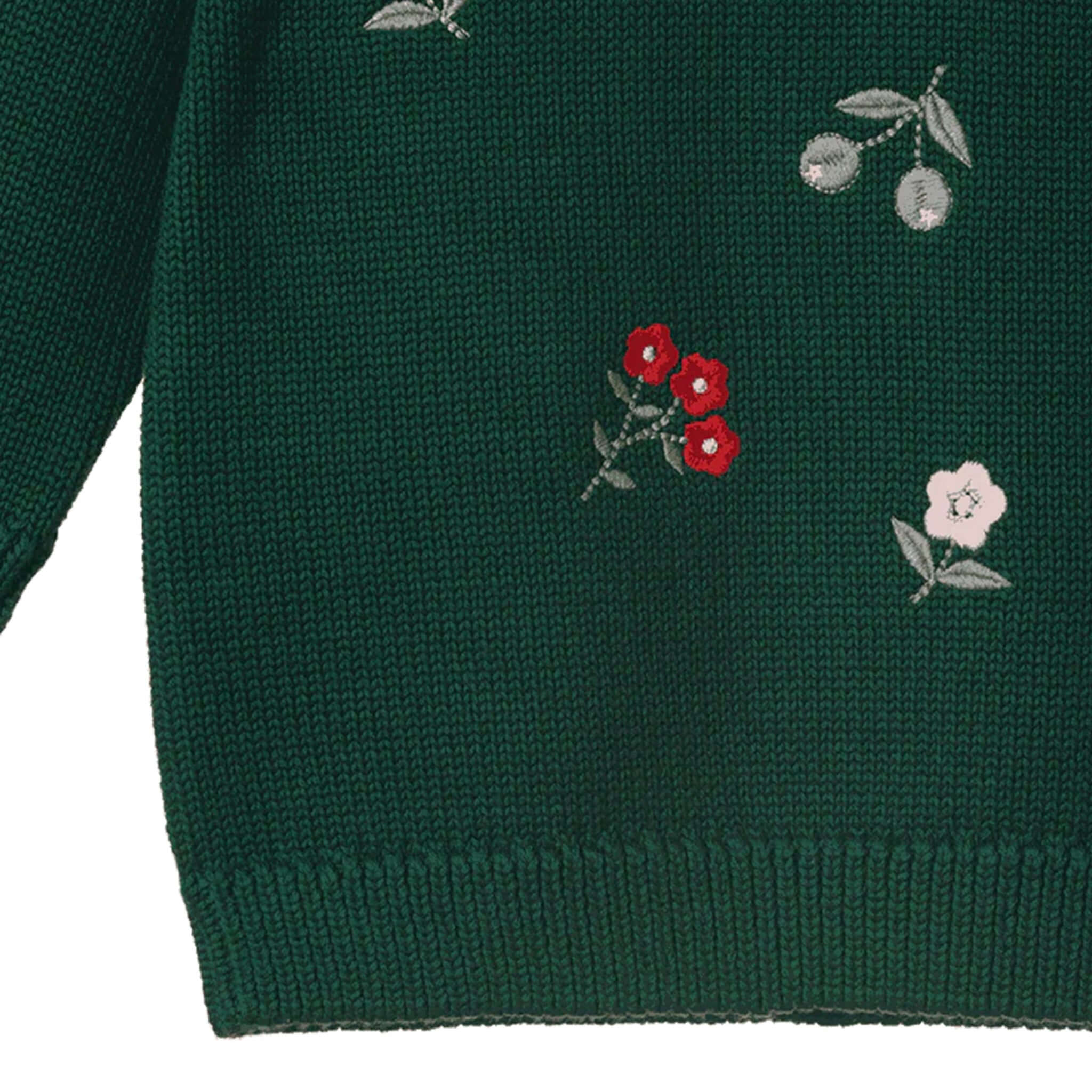 Alt Tag: Nature Baby Organic Cotton Margot Sweater - Eden Garden green knit baby sweater with delicate floral embroidery and ribbed hem