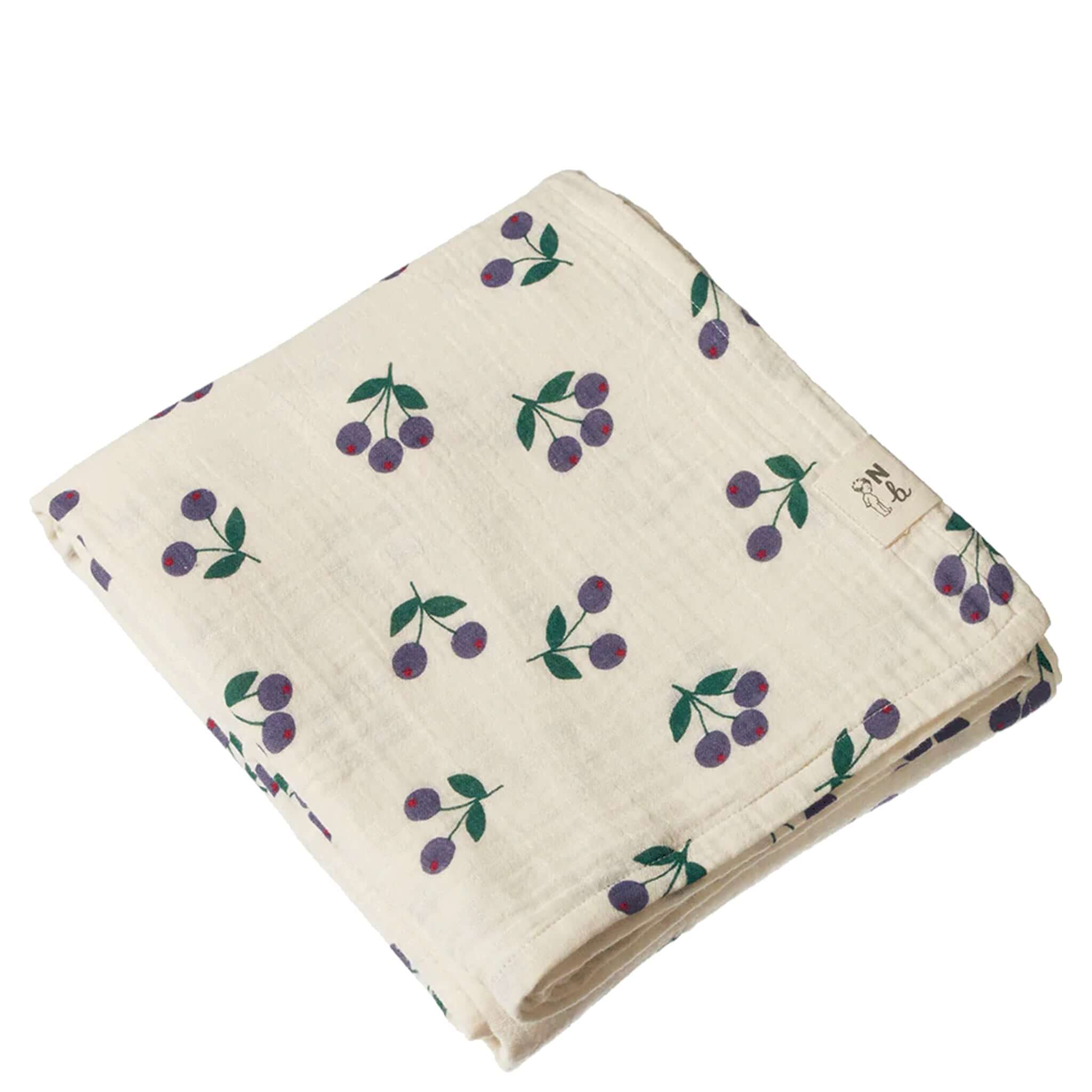 Alt Tag: Nature Baby Organic Cotton Muslin Wrap - Winter Berry Natural folded organic cotton muslin wrap with berry print