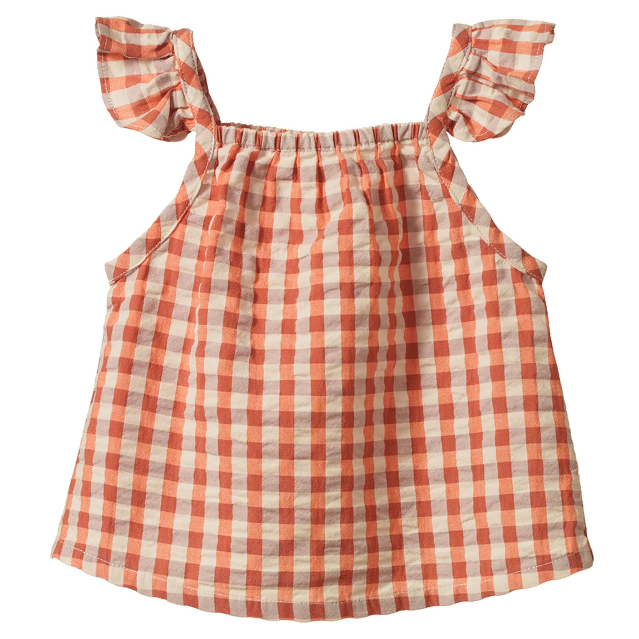 Nature Baby Organic Cotton Petal Set - Dandelion Gingham top featuring frill-detailed straps in orange gingham pattern.