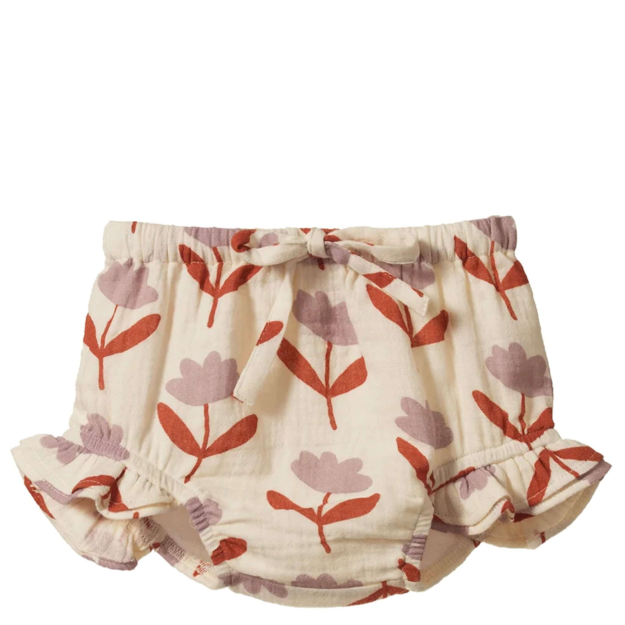 Nature Baby Organic Cotton Muslin Petal Bloomers - Fleurette in terracotta and mauve floral print with ruffles.
