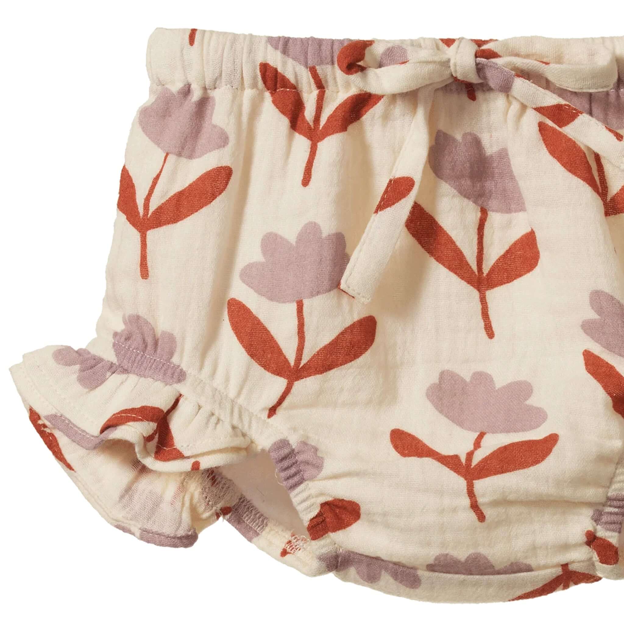 Nature Baby Organic Cotton Muslin Petal Bloomers - Fleurette with floral print and ruffle edges.