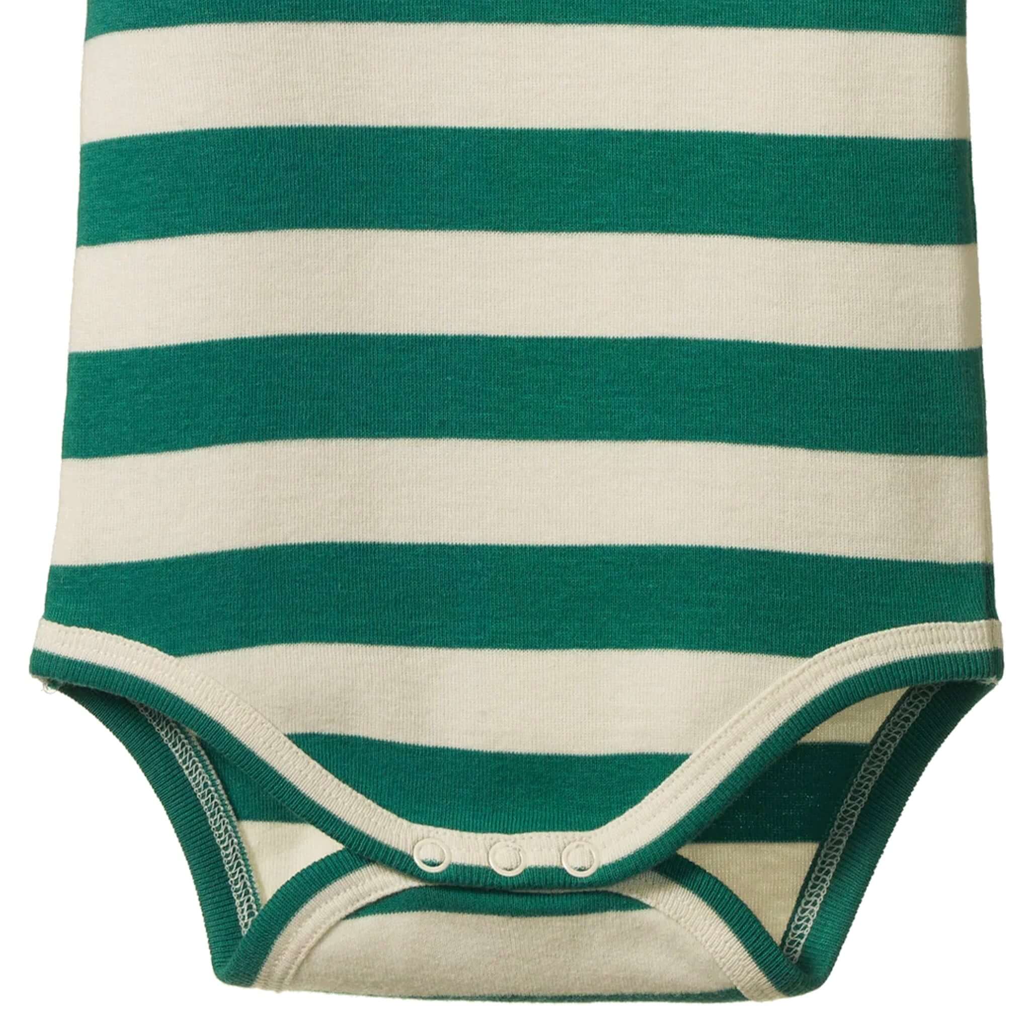 Nature Baby Organic Cotton Short Sleeve Bodysuit - Dog Walk Peppermint in green and cream stripes with snap closure.