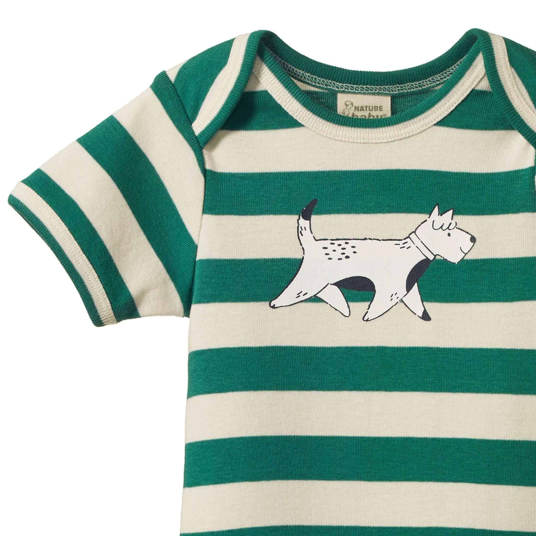 Nature Baby Organic Cotton Short Sleeve Bodysuit - Dog Walk Peppermint with green and white stripes featuring a dog design.