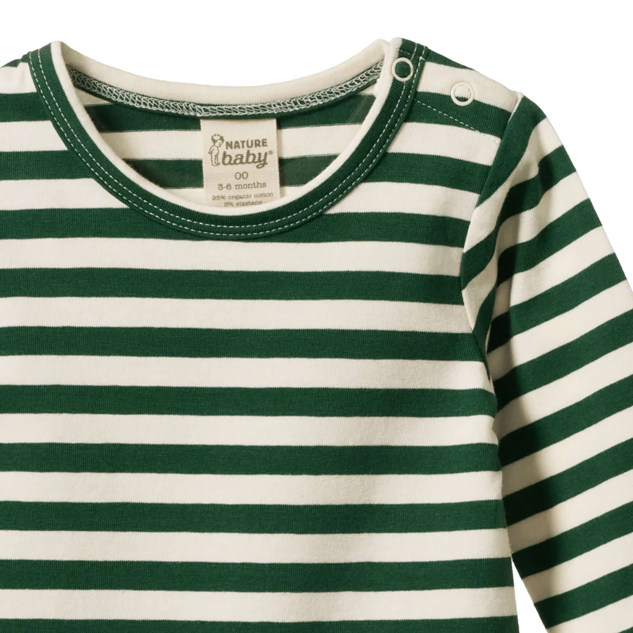 Alt Tag: Nature Baby Organic Cotton Stretch Jersey Long Sleeve Bodysuit - Eden Sea Stripe green stripe organic baby bodysuit
