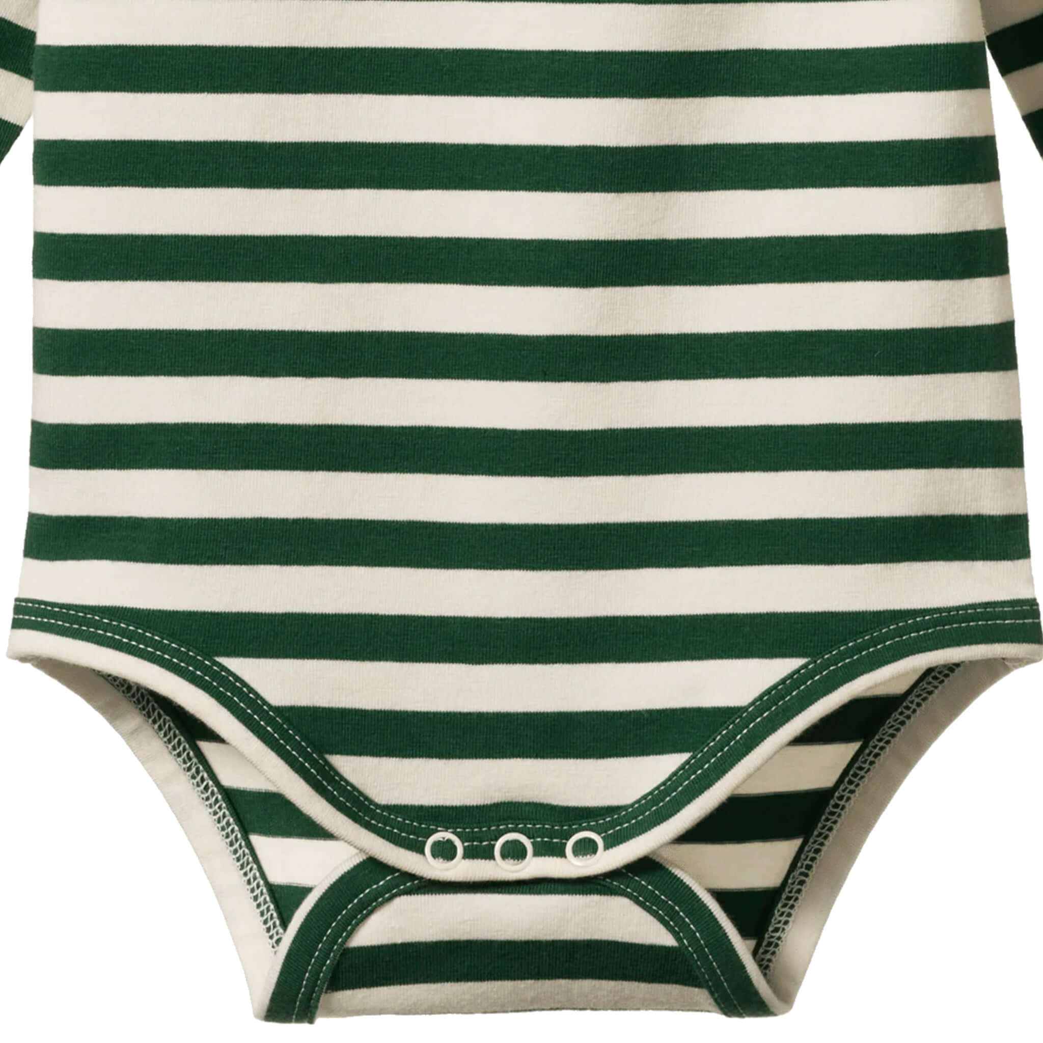 Alt Tag: Nature Baby Organic Cotton Stretch Jersey Long Sleeve Bodysuit - Eden Sea Stripe green and white striped baby bodysuit snap crotch
