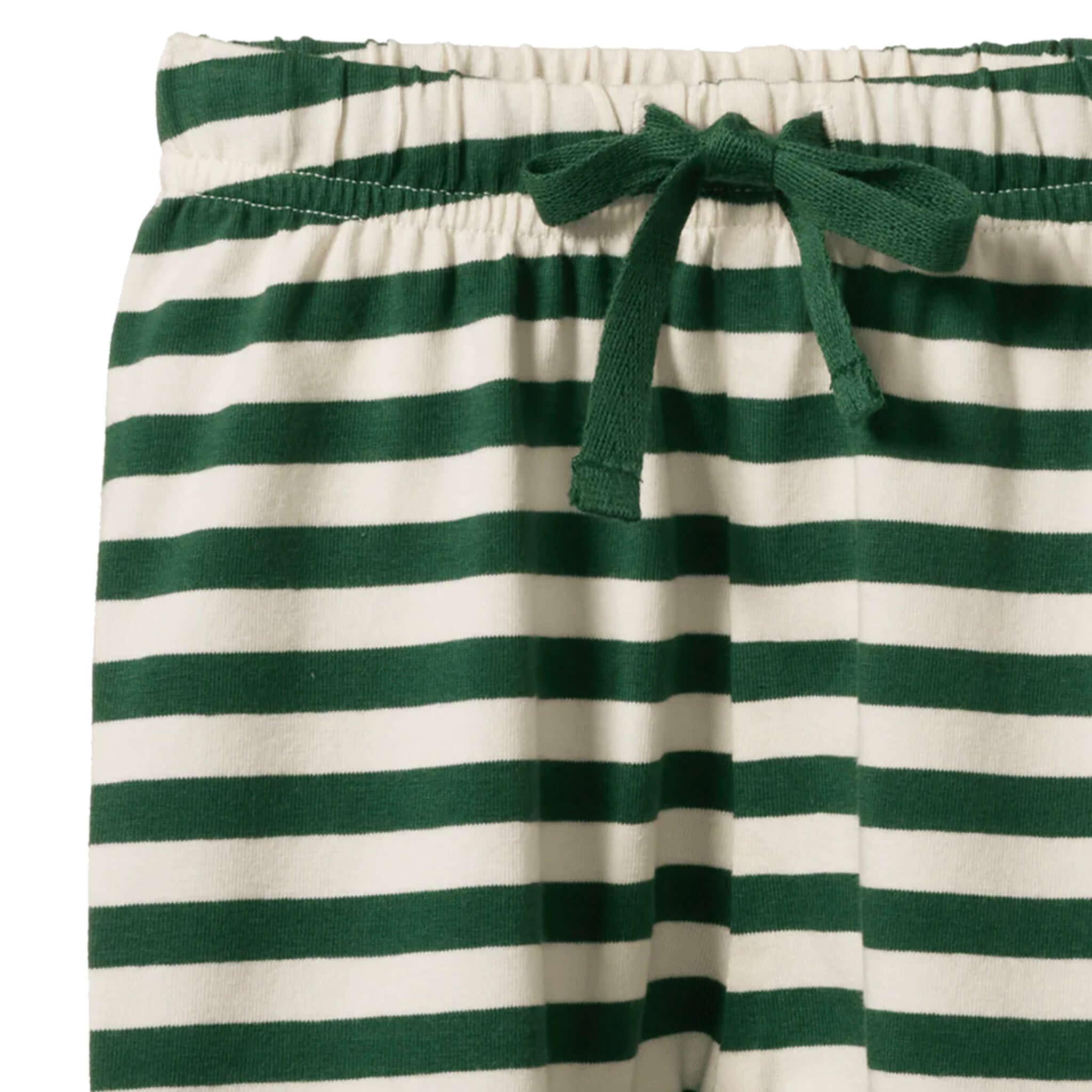 Alt Tag: Nature Baby Organic Cotton Sunday Drawstring Pants - Eden Sea Stripe green and white striped elastic waist pants with drawstring