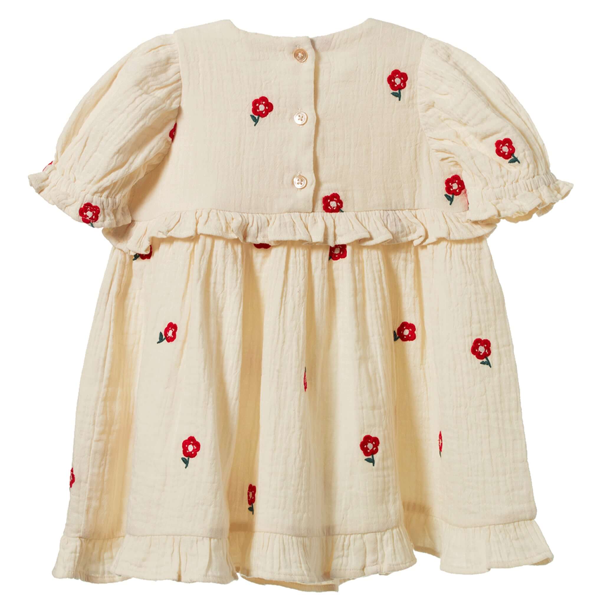 Nature Baby Organic Cotton Valentina Dress - Red Flora, featuring red floral embroidery and frilled details.