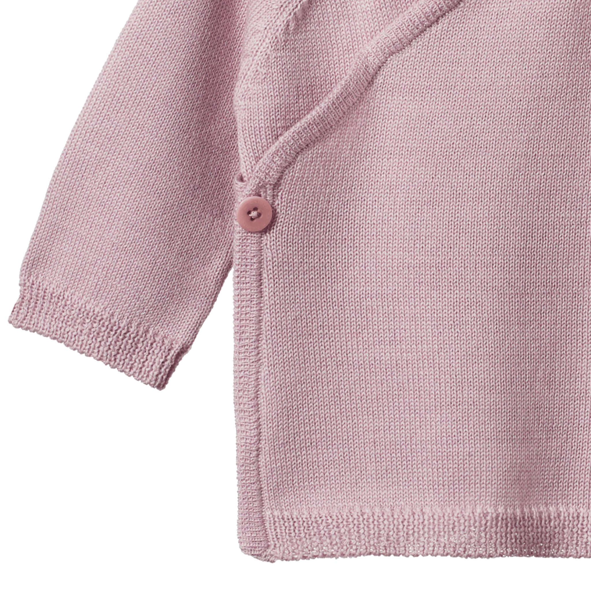 Alt Tag: Nature Baby Organic Merino Knit Kimono Jacket - Lilac organic merino wool newborn wrap cardigan with button closure, soft breathable warmth